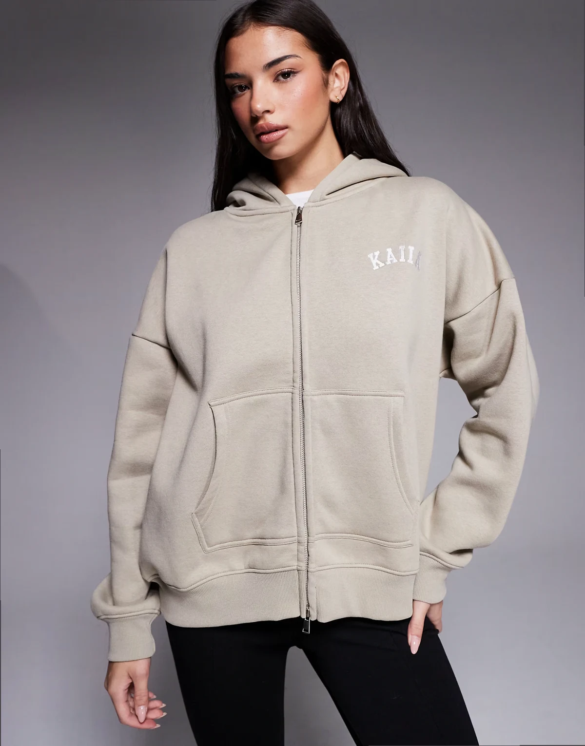 cotton rich embroidered logo zip up hoodie in stone