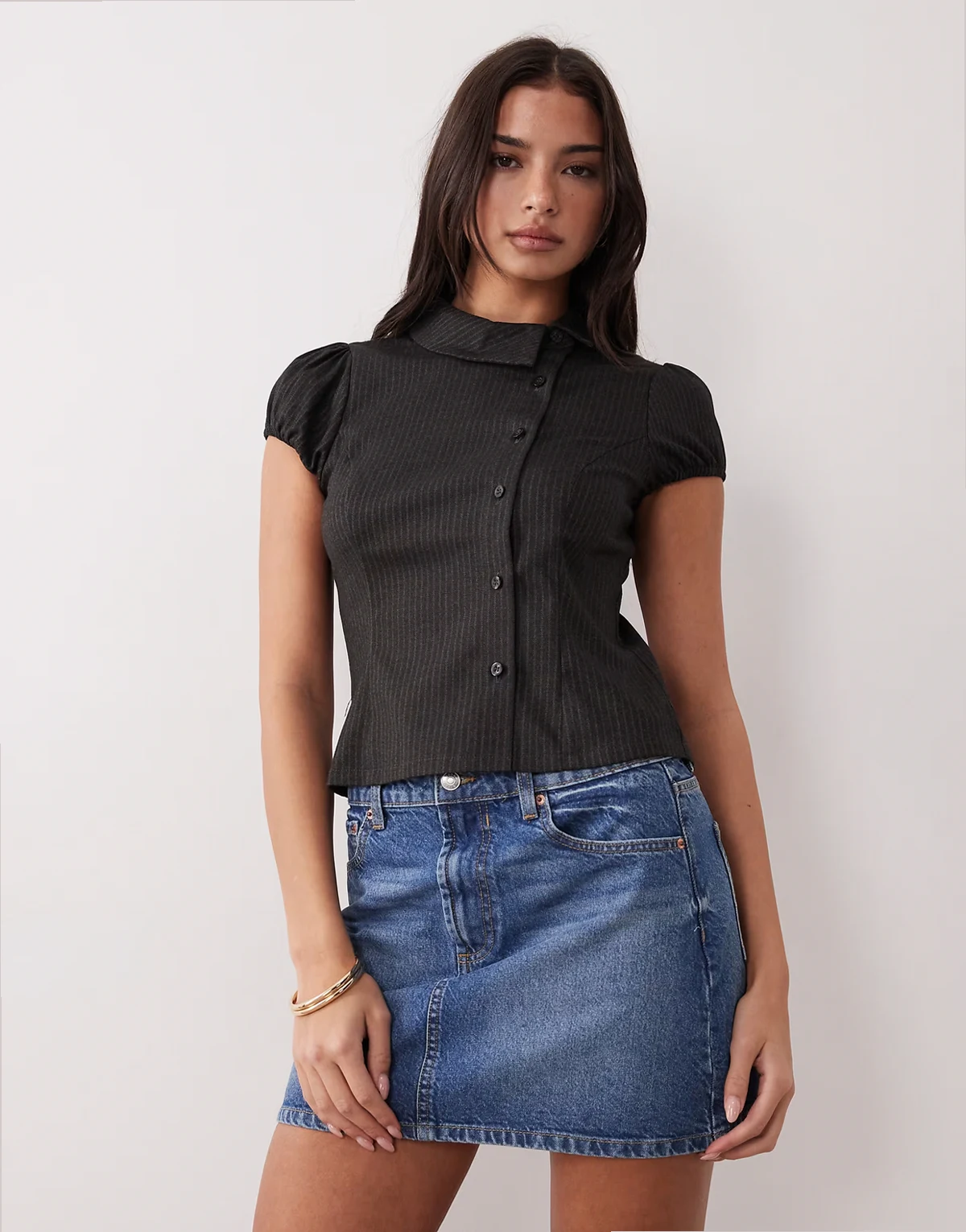 Telese asymmetric collared shirt in black pinstripes