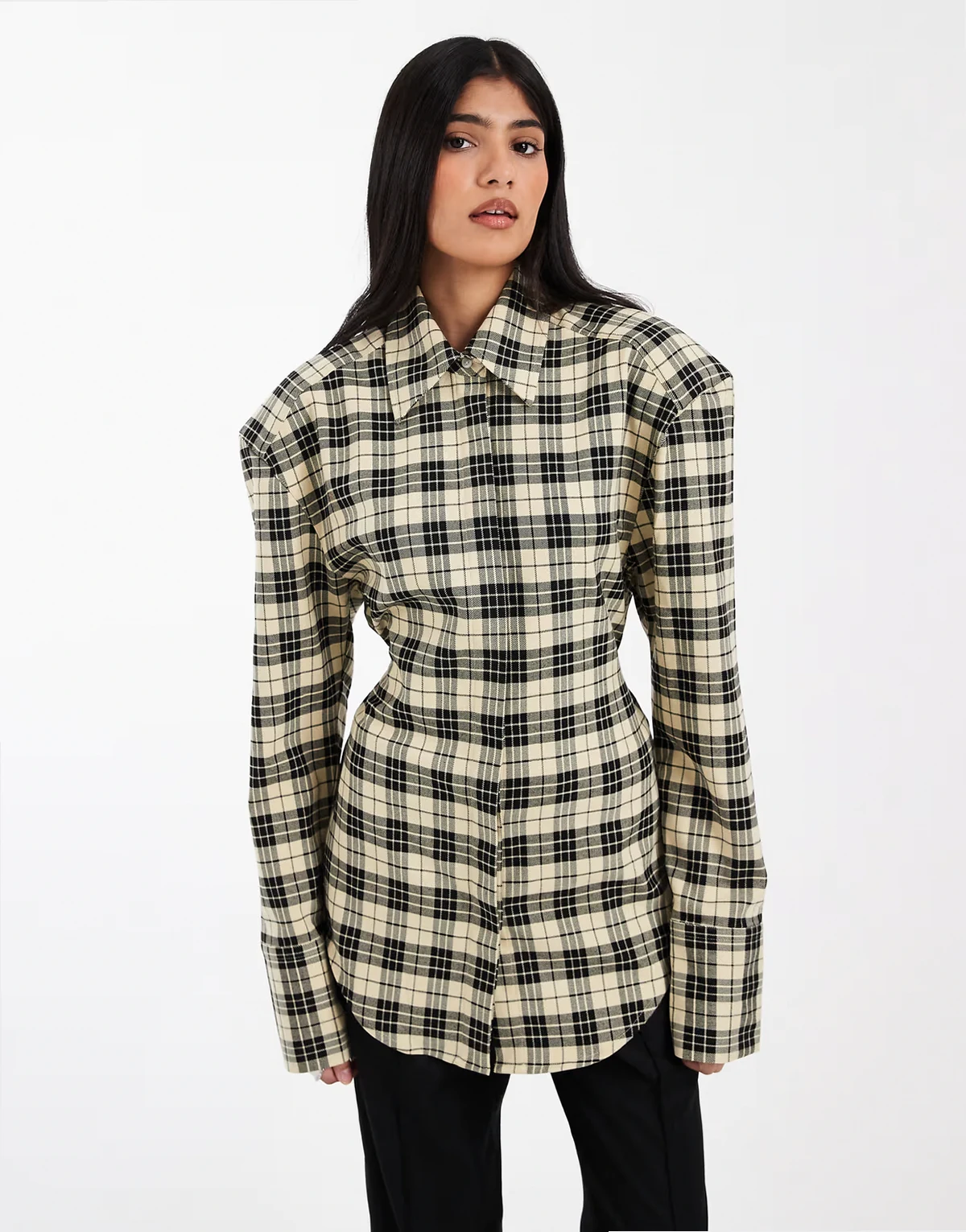 cinch waist shoulder pad shirt in brushed plaid