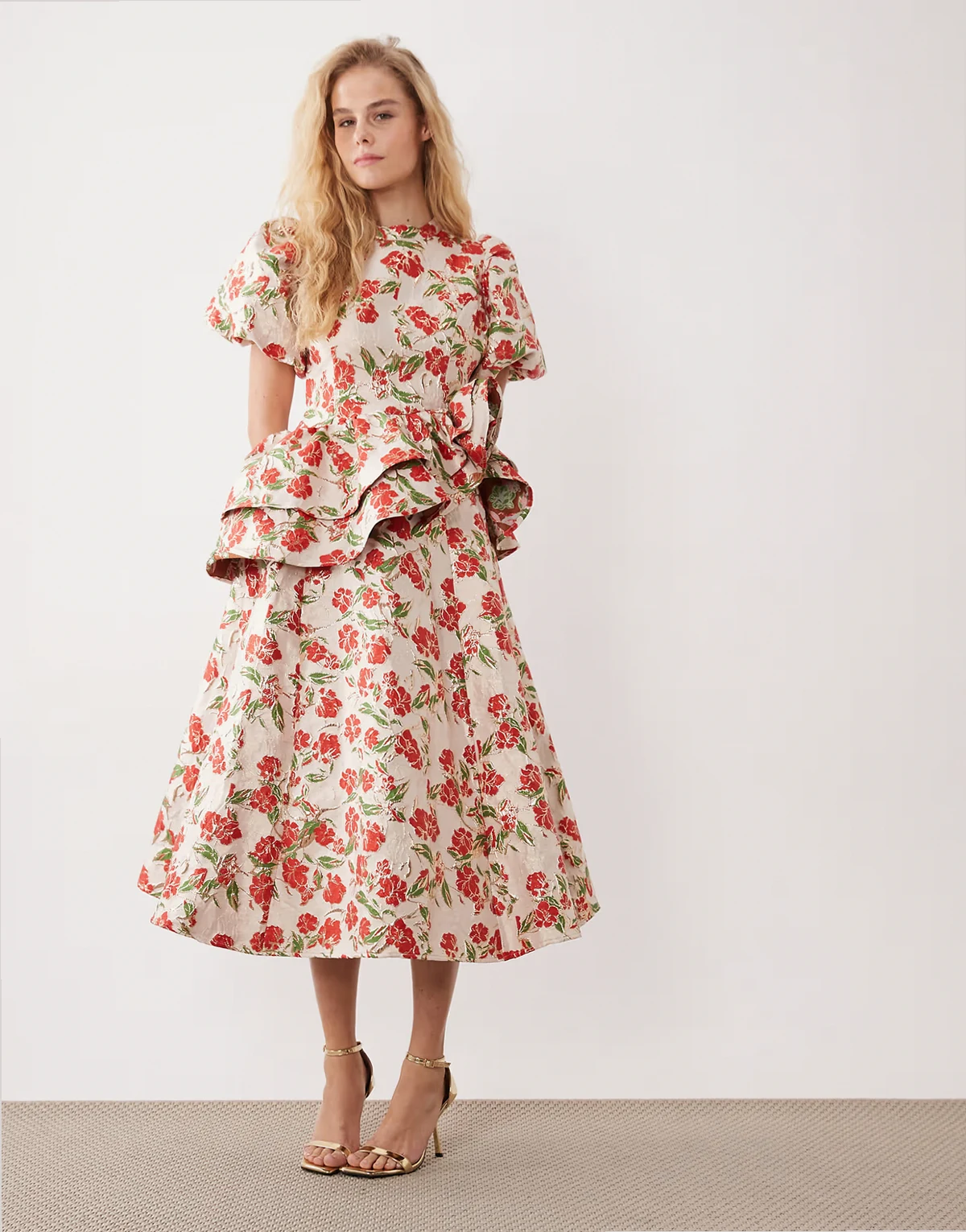 Dream Sister Jane floral jacquard puff sleeve midi dress in red