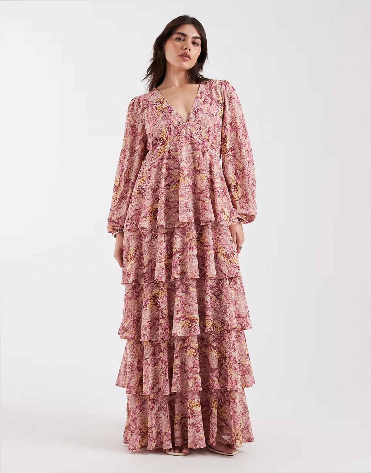 Ashton ruffle v-neck long sleeve maxi dress in abstract berry floral print