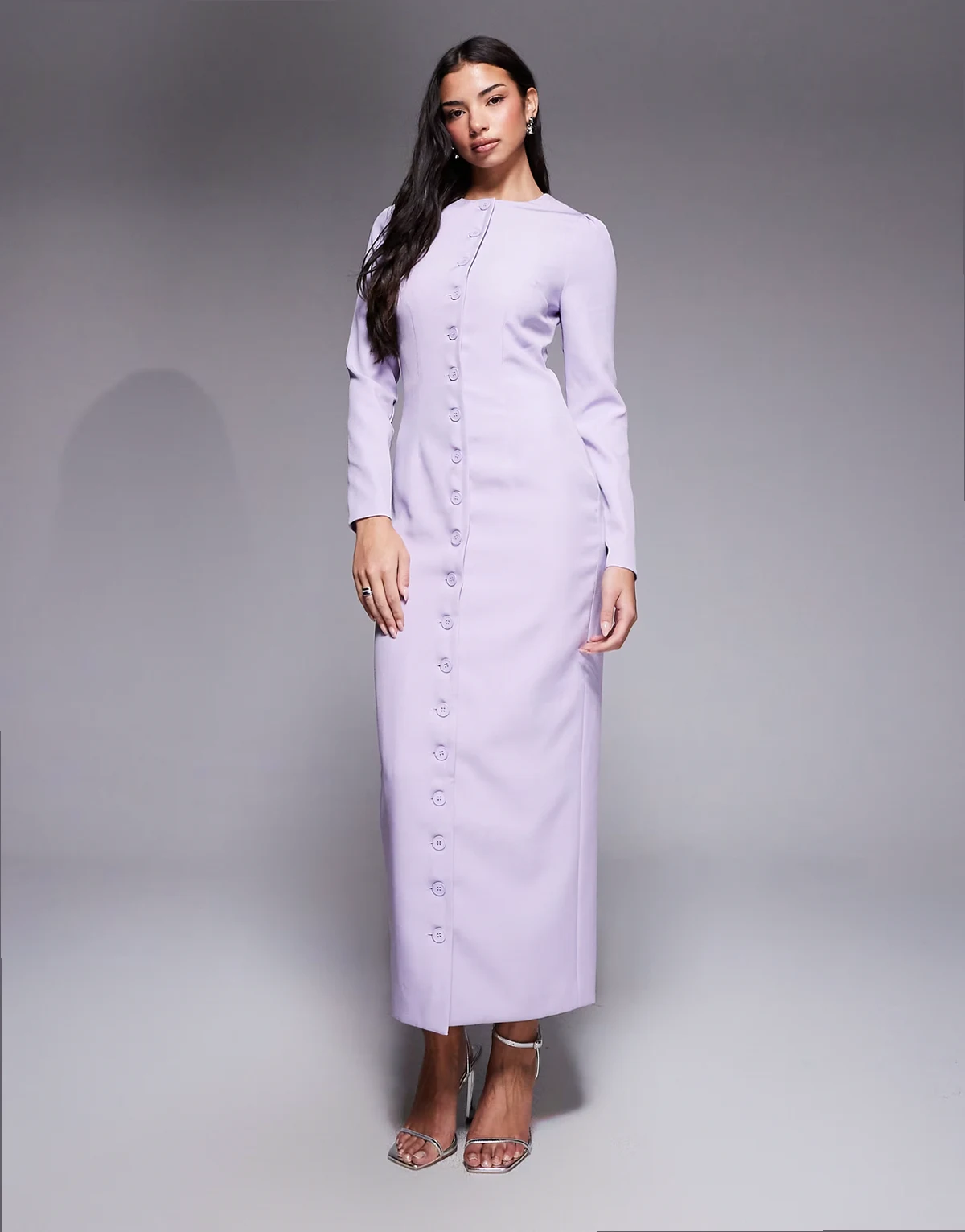 exclusive tailored long sleeve button up maxi dress in lilac