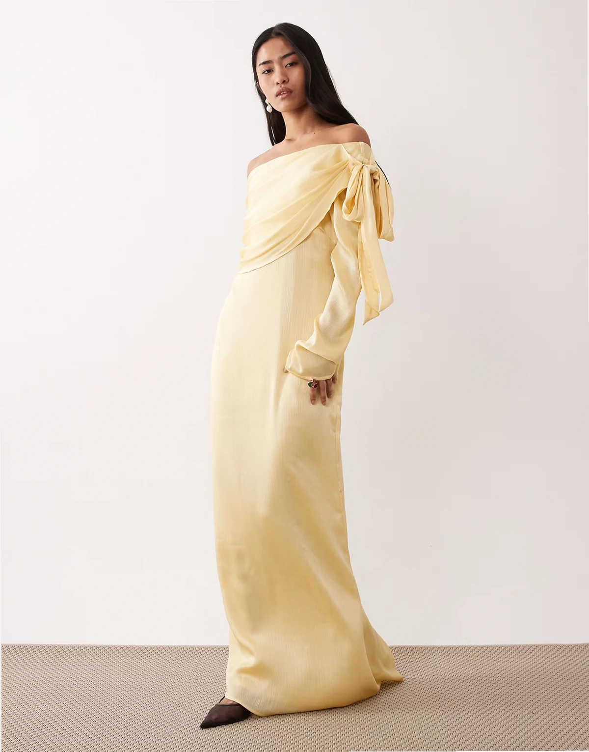 satin off the shoulder shoulder bow maxi dress in lemon