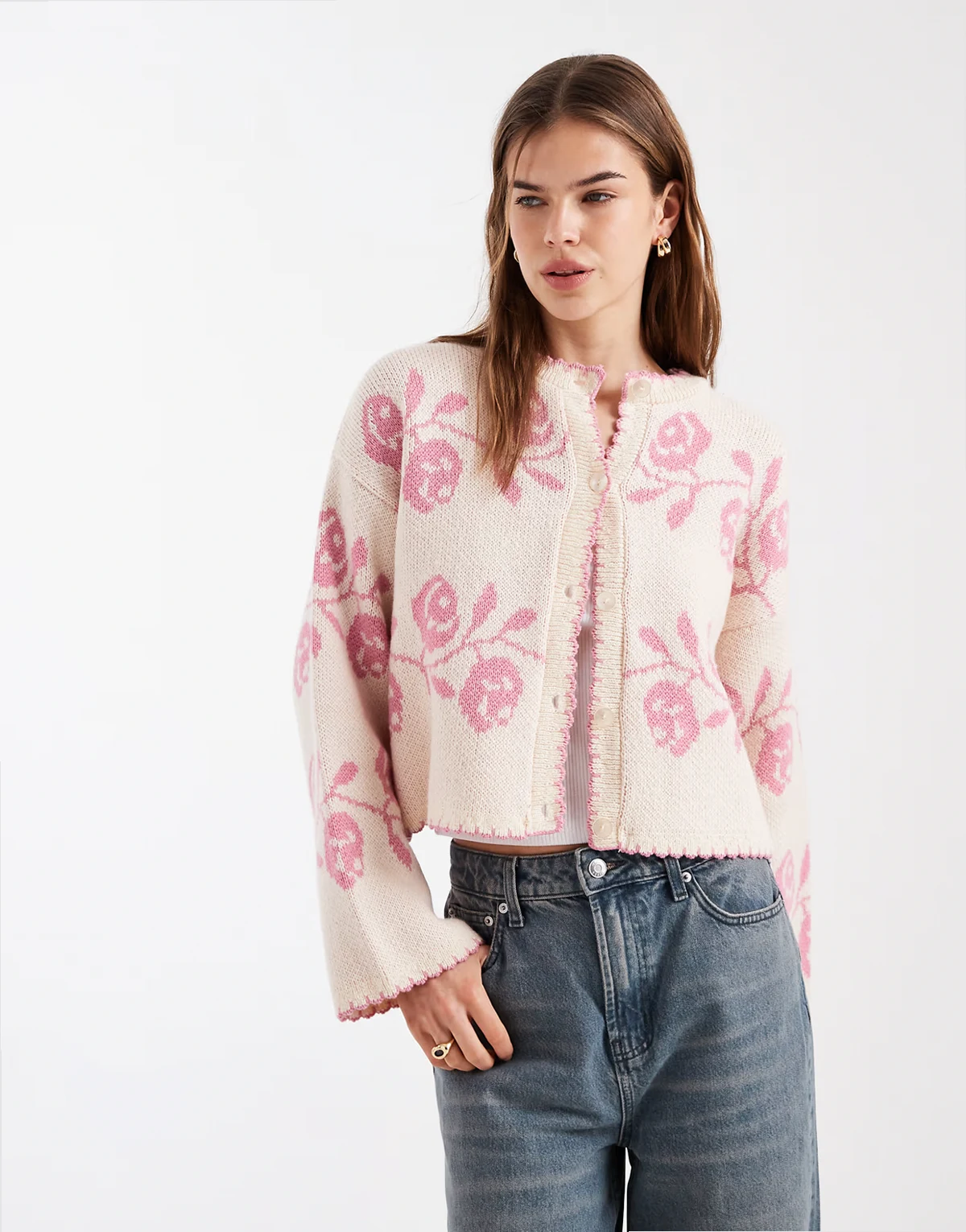 blanket stitch cardigan with florals in pink