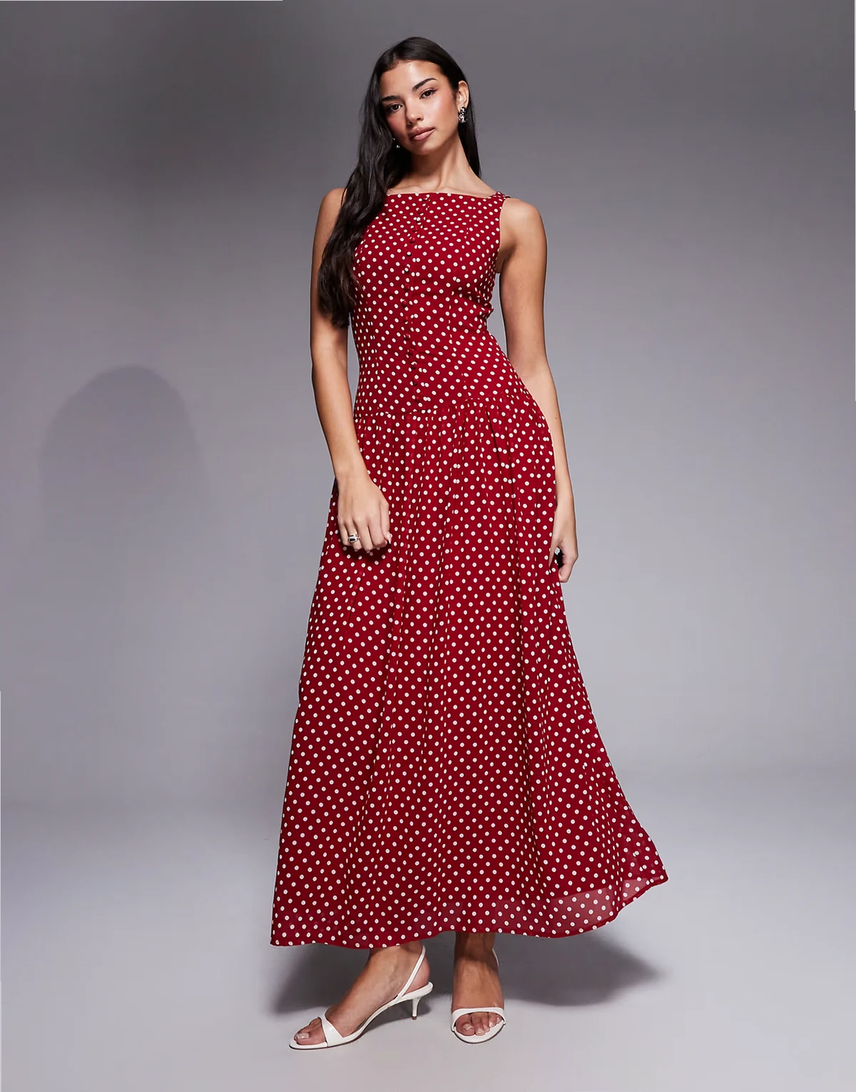 exclusive high square neck button up dropped waist maxi dress in red and white polka dots