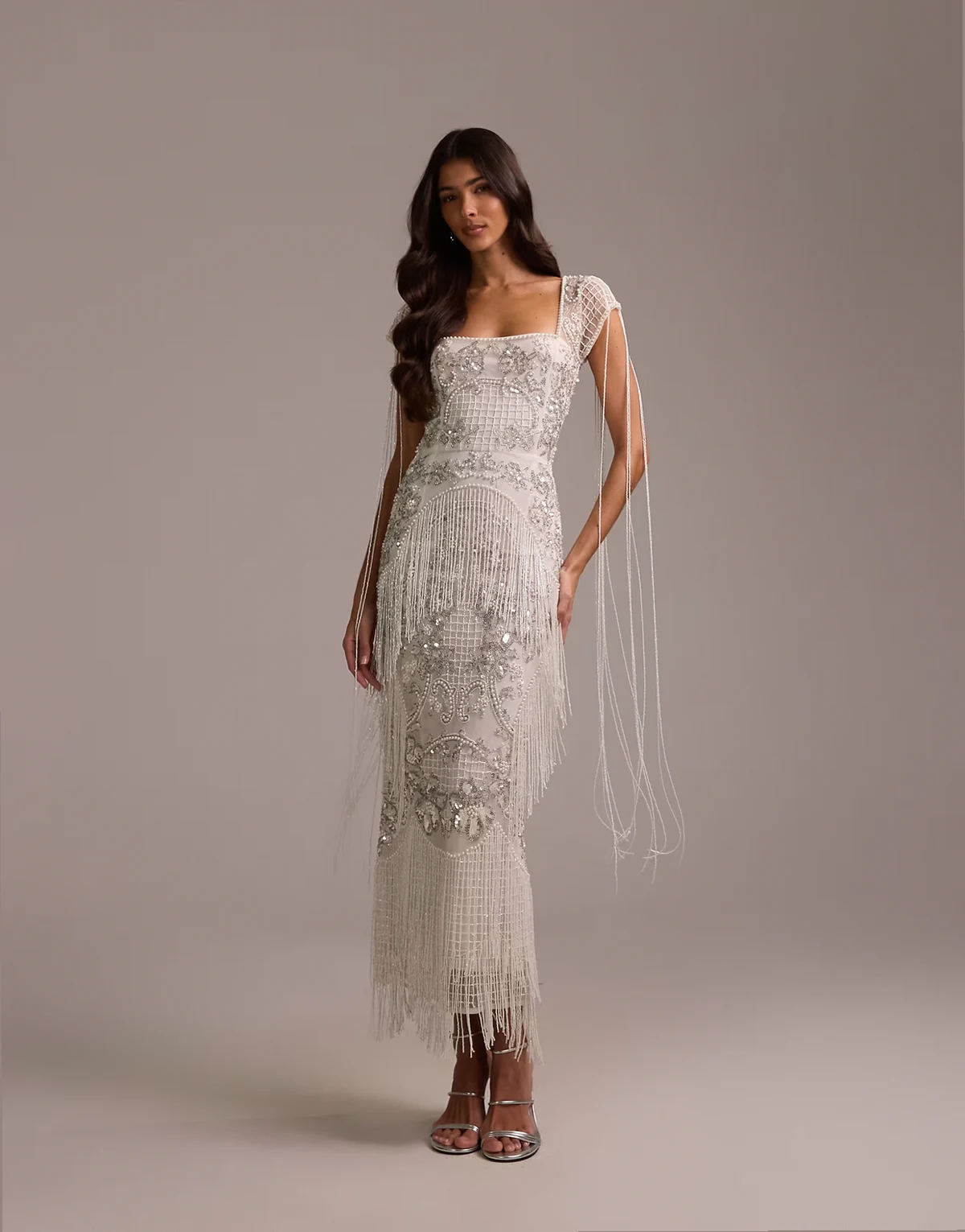 fringe embellished square neck maxi wedding dress in ivory