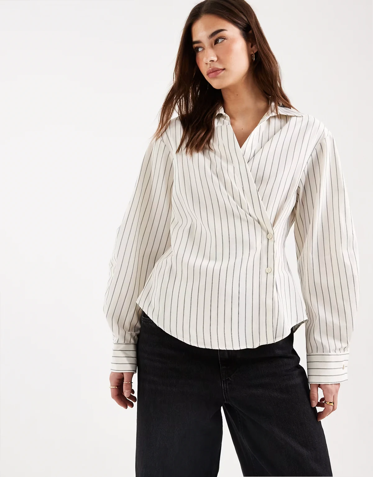 wrap shirt with cocoon sleeve in pinstripe
