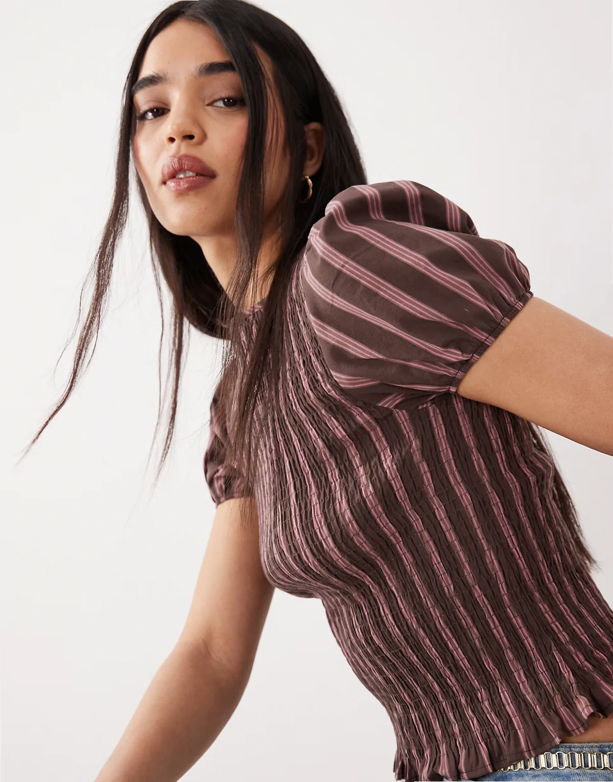 shirred puff sleeve top in brown stripe