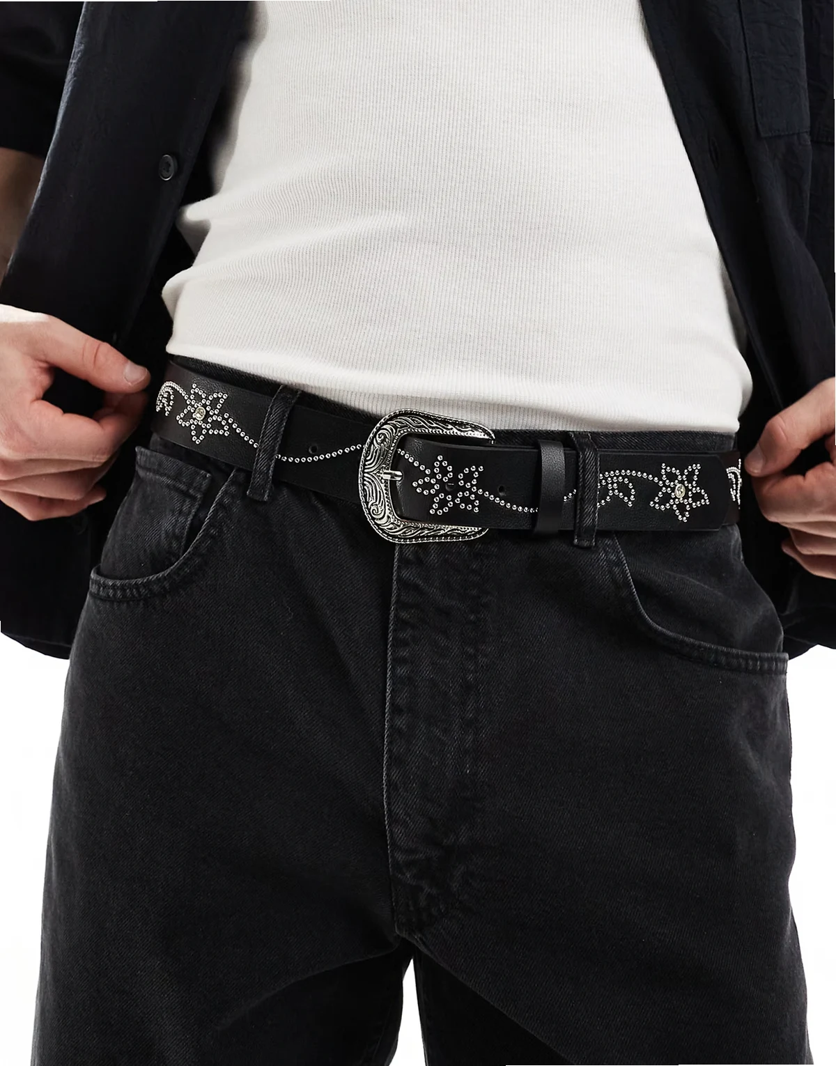 western cowboy belt with floral studding in black faux leather