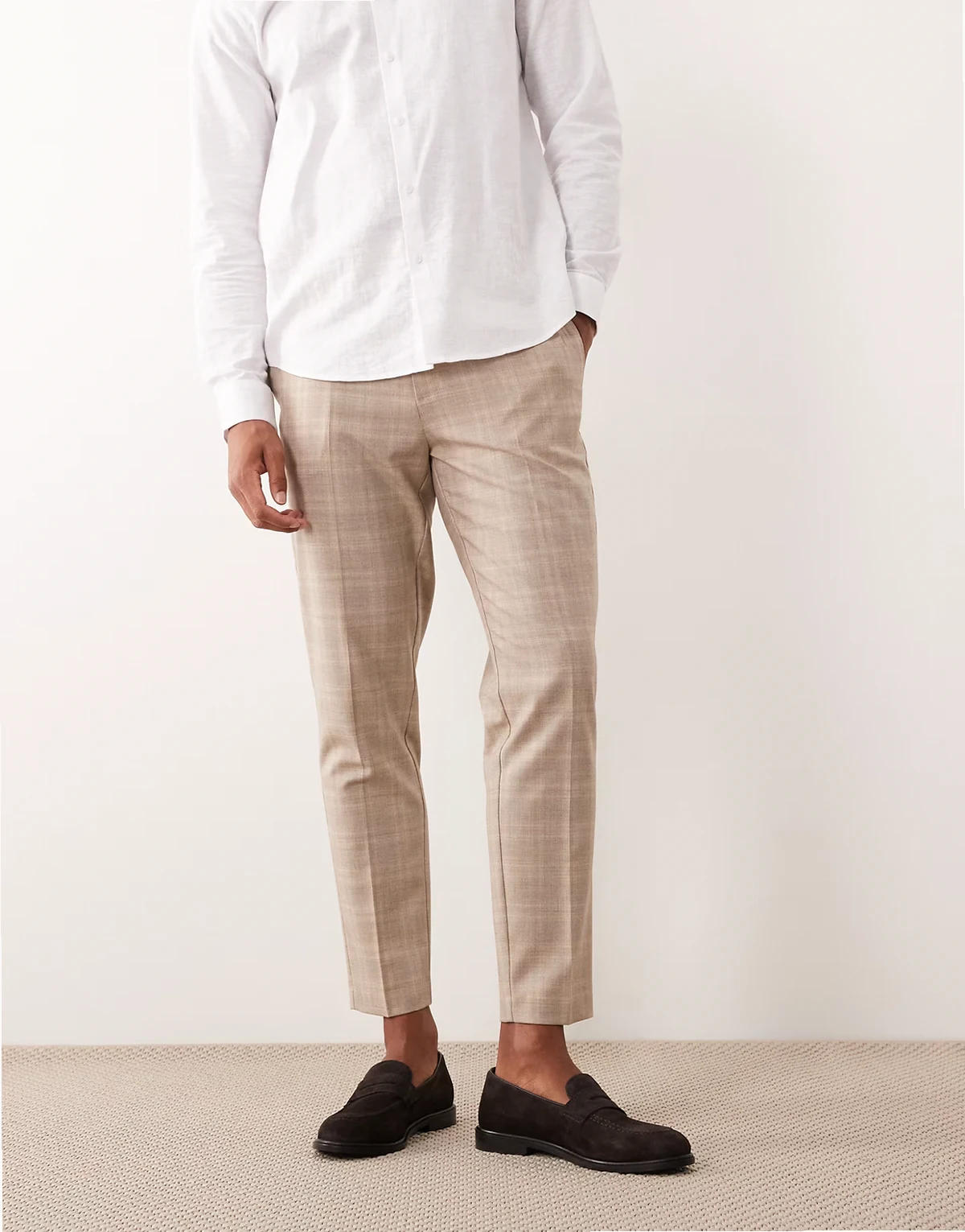 tapered dress pants in beige tonal plaid
