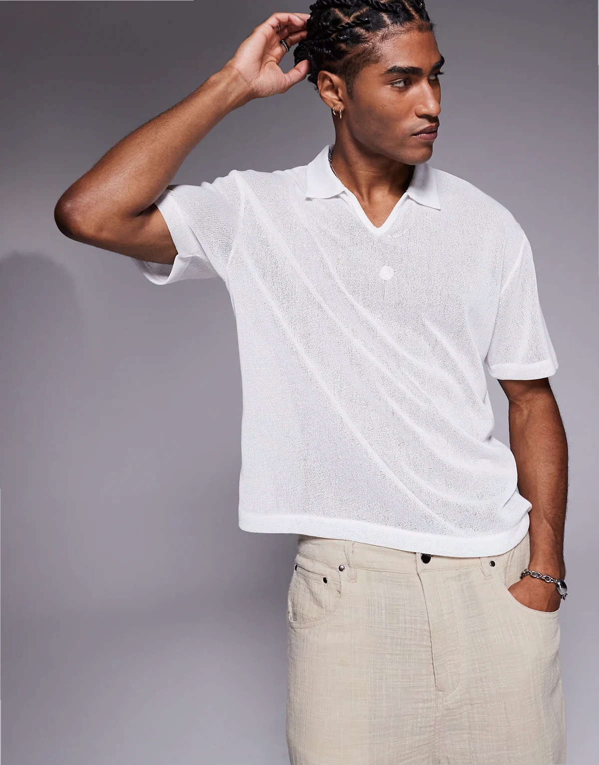 – Kastiges Relaxed-Fit-Polohemd in Weiß mit Struktur