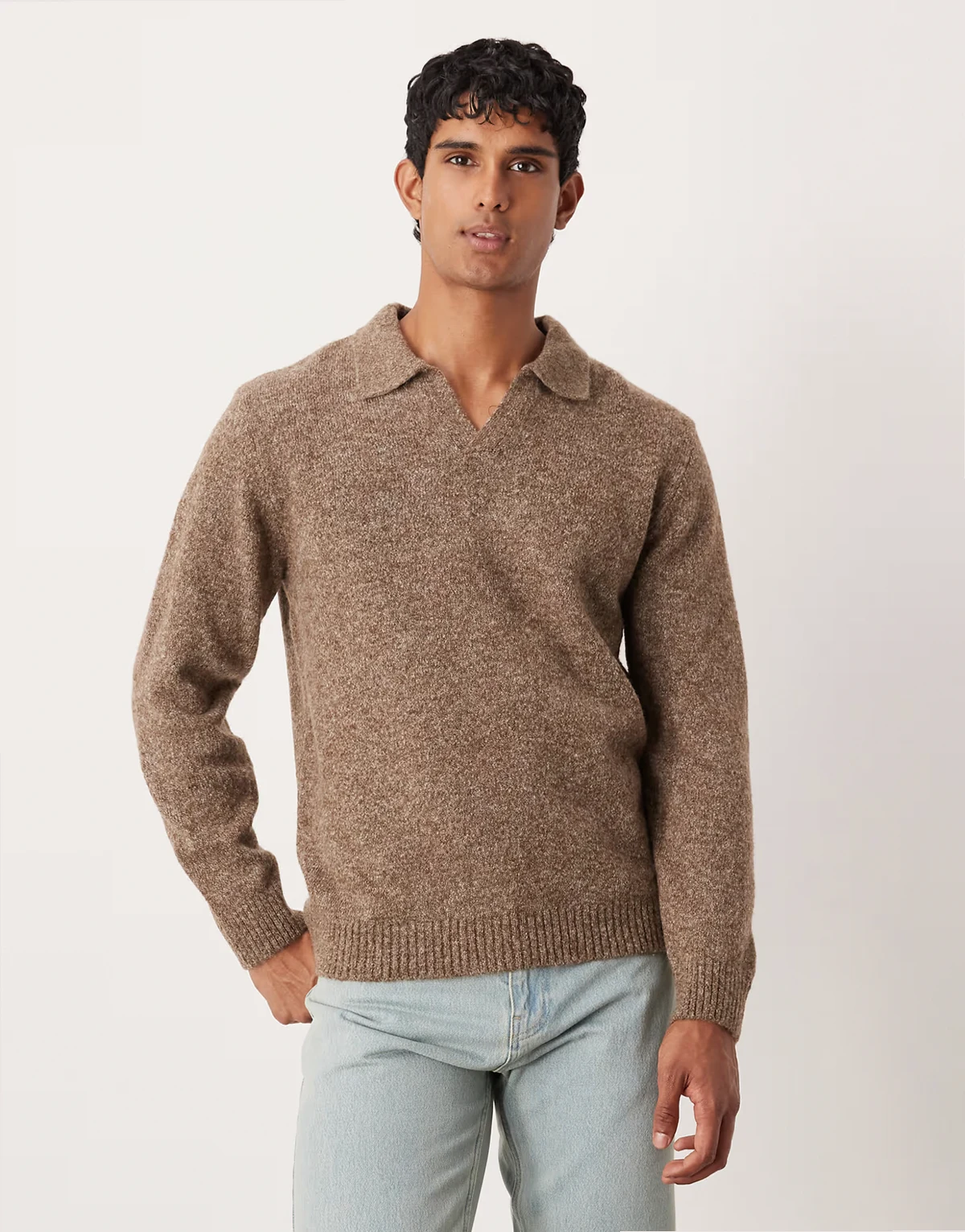 knit long sleeve notch neck polo shirt in brown