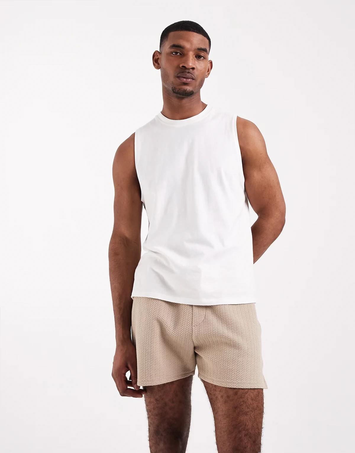oversized shorts in beige herringbone texture