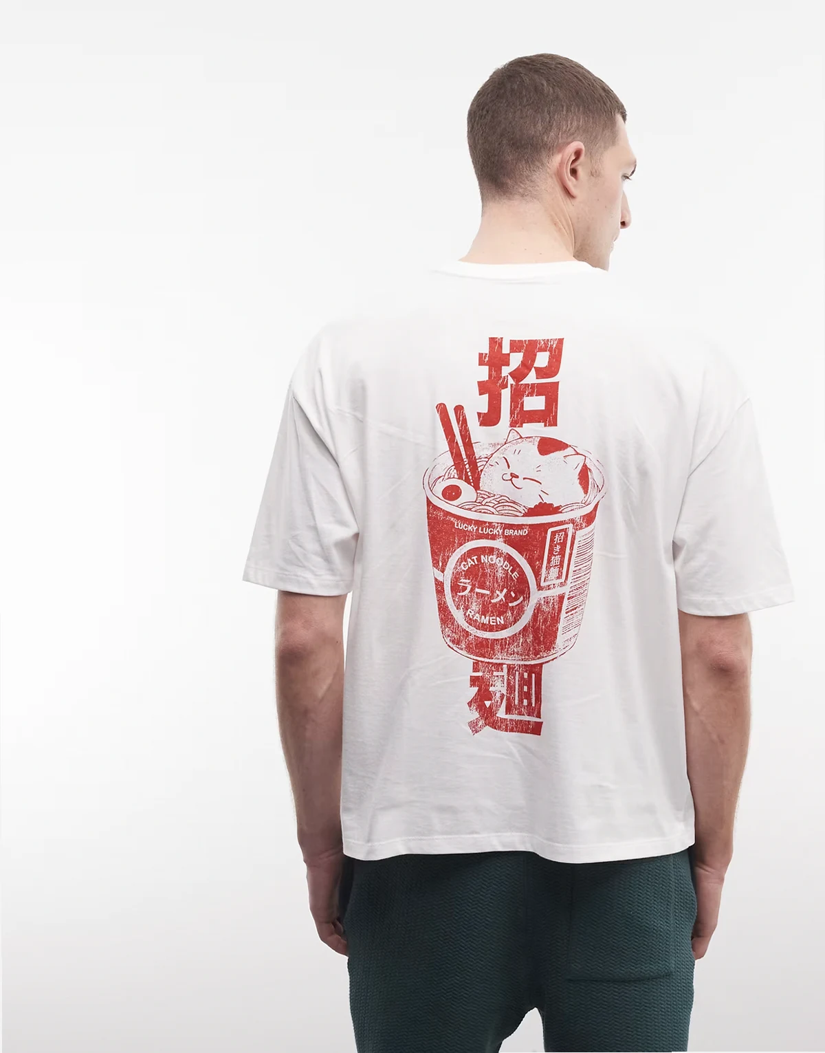 boxy oversized T-shirt with ramen graphic in white