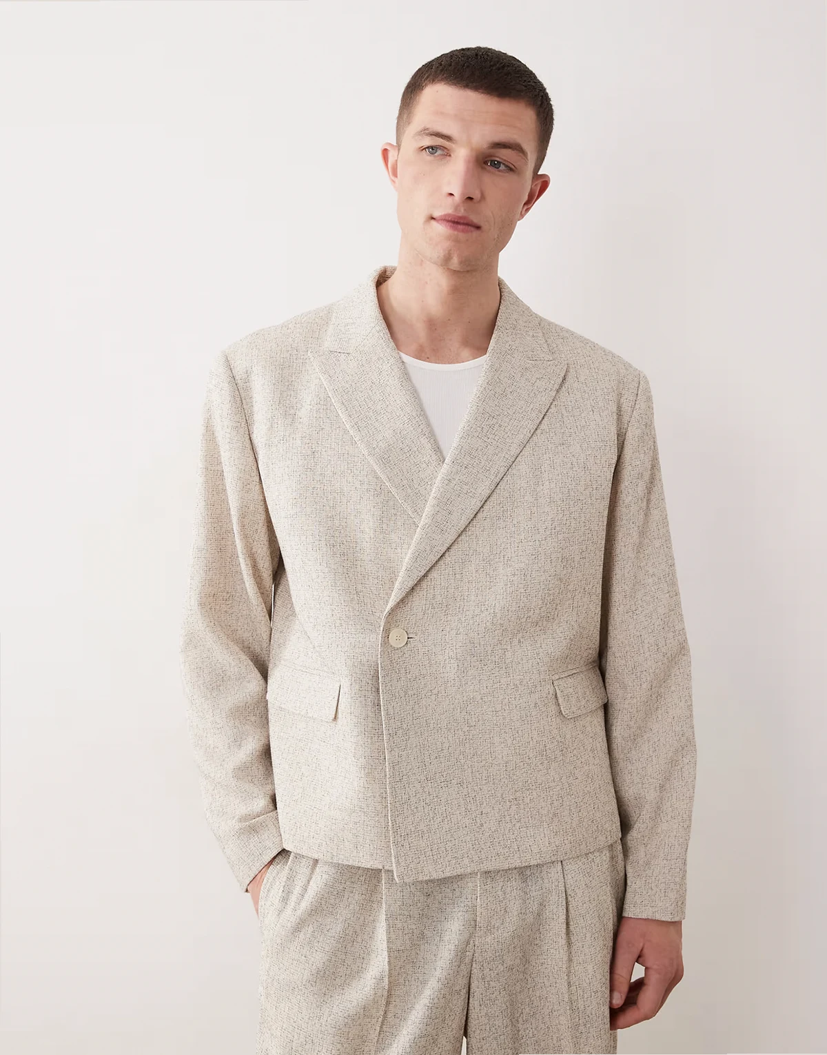 double breasted boxy cropped suit jacket in cream