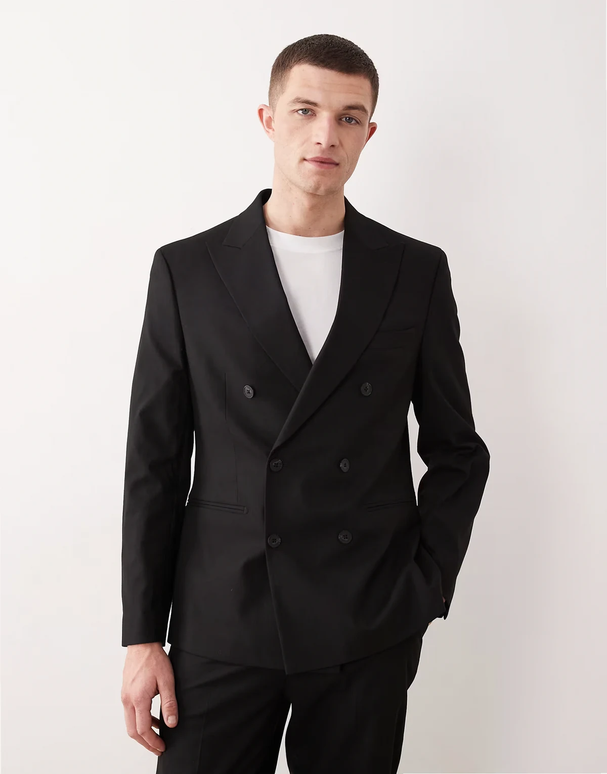 slim double breasted suit jacket in black
