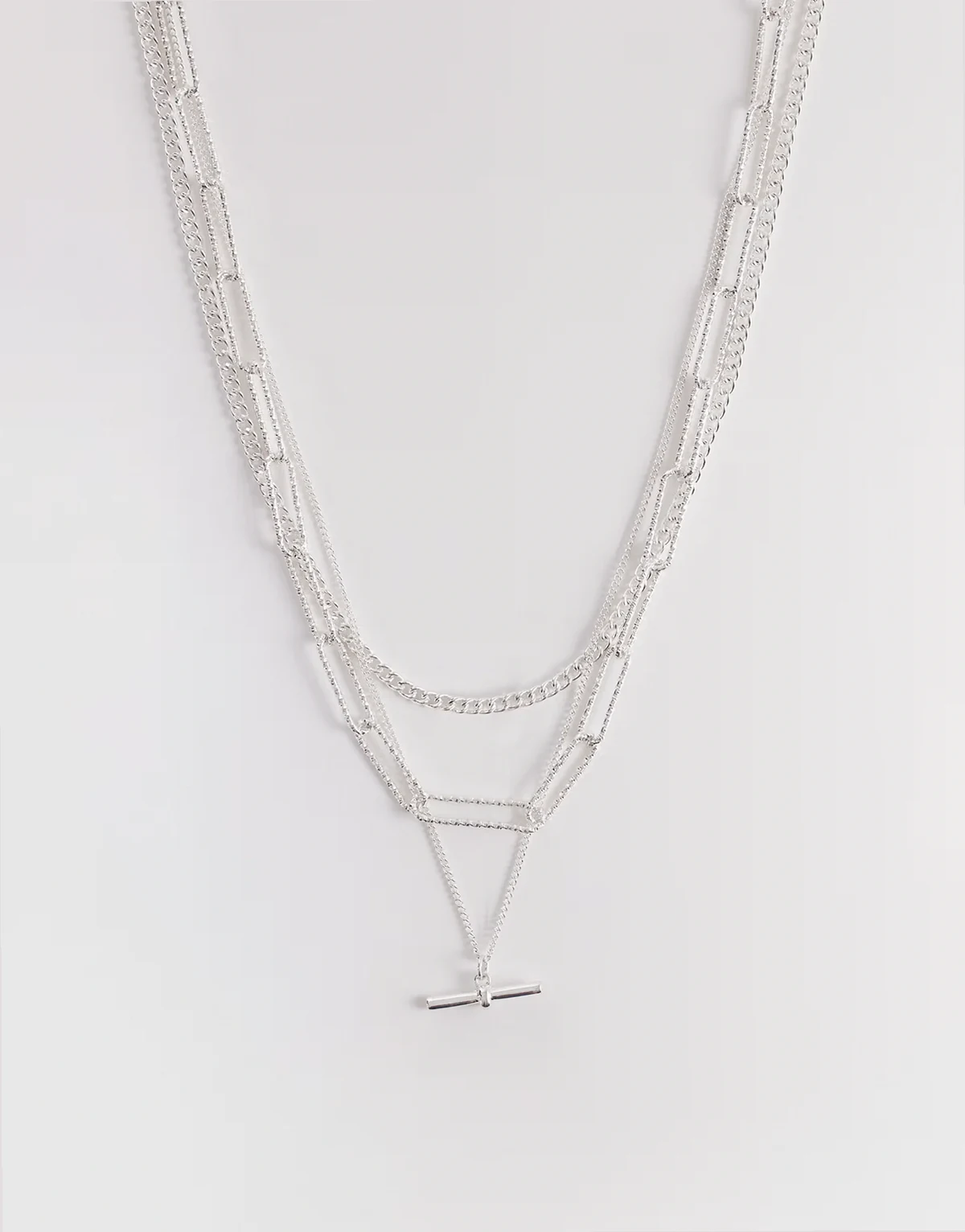 3 row delicate t-bar necklace stack in silver tone