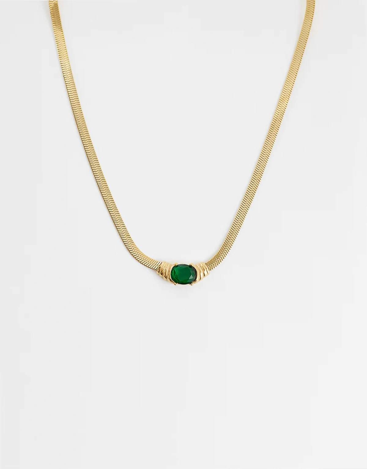 flat snake chain with green crystal pendant necklace in 18kt gold plated stainless steel