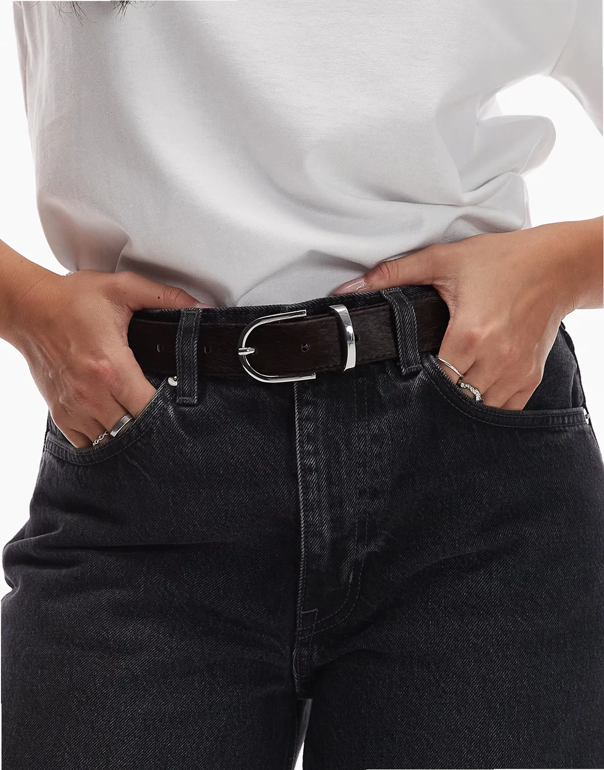 leather pony hairy belt in dark brown