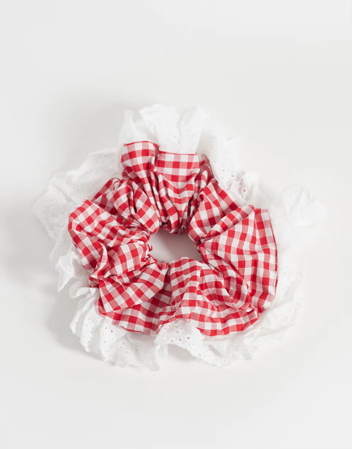 eyelet trim scrunchie in red gingham