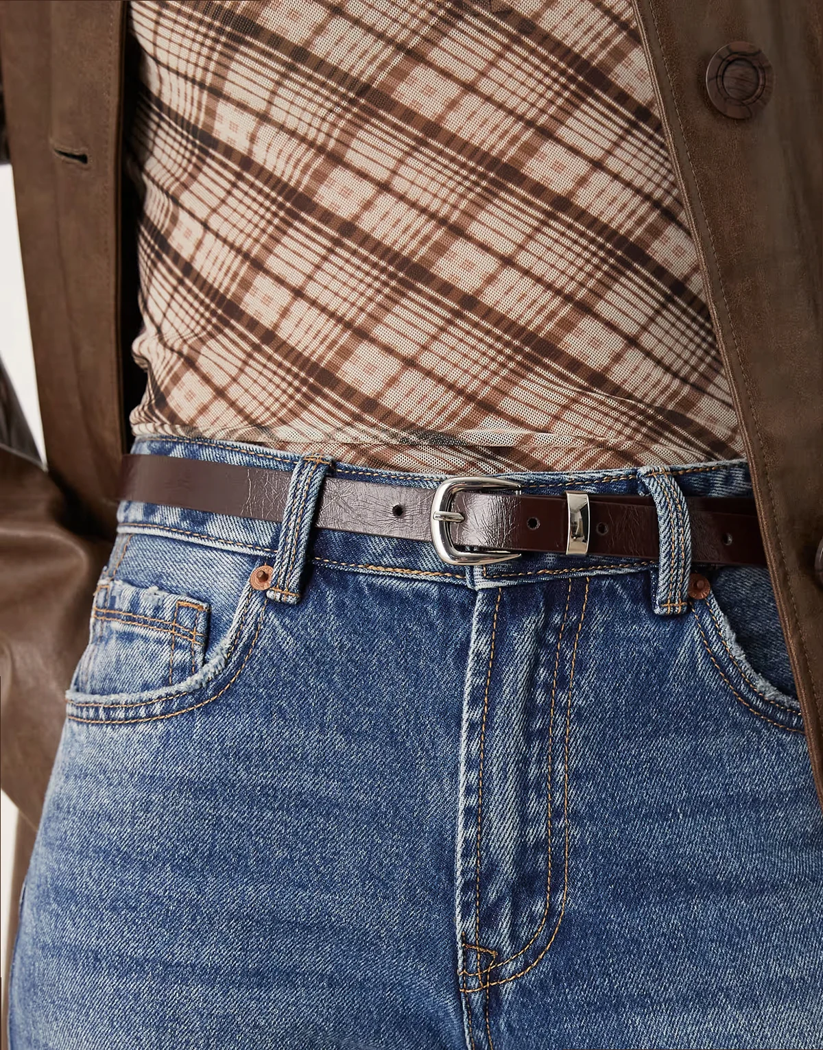 patent belt with silver-tone buckle in dark brown