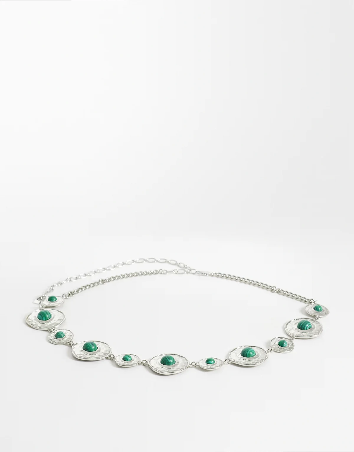 waist and hip green stone set chain belt in silver tone