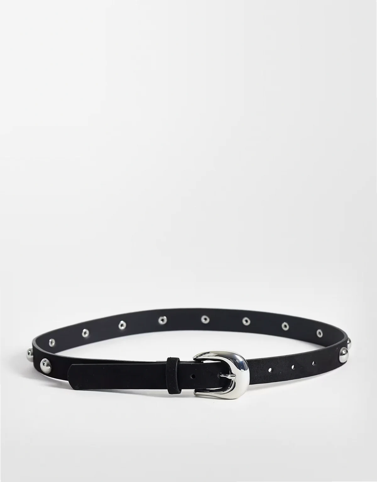 silver tone studded leather look belt in black