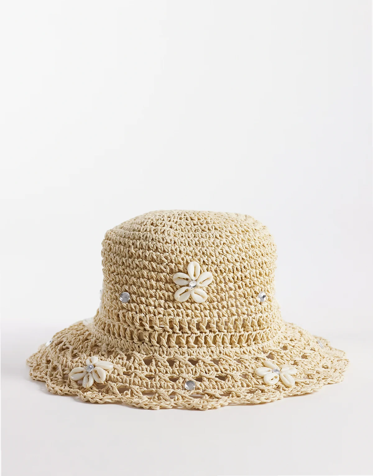 embroidered straw bucket hat with faux shell trim in beige