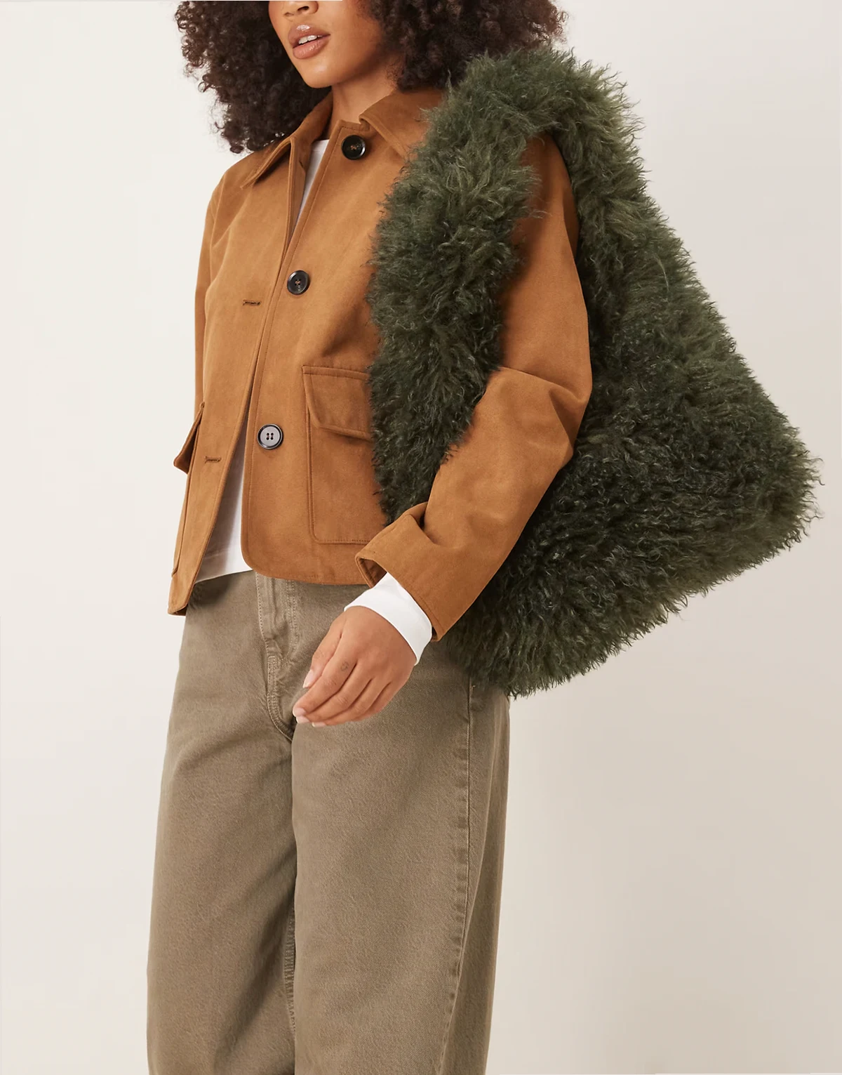 curly faux fur tote bag in khaki green
