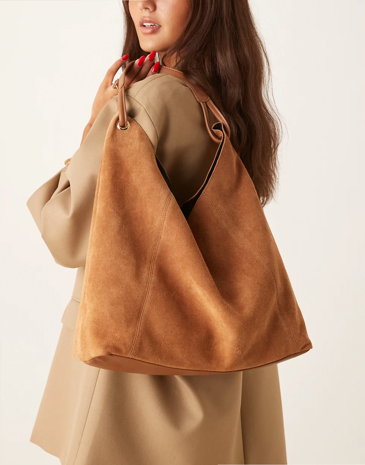 suede tote bag with loop detail handle in tan