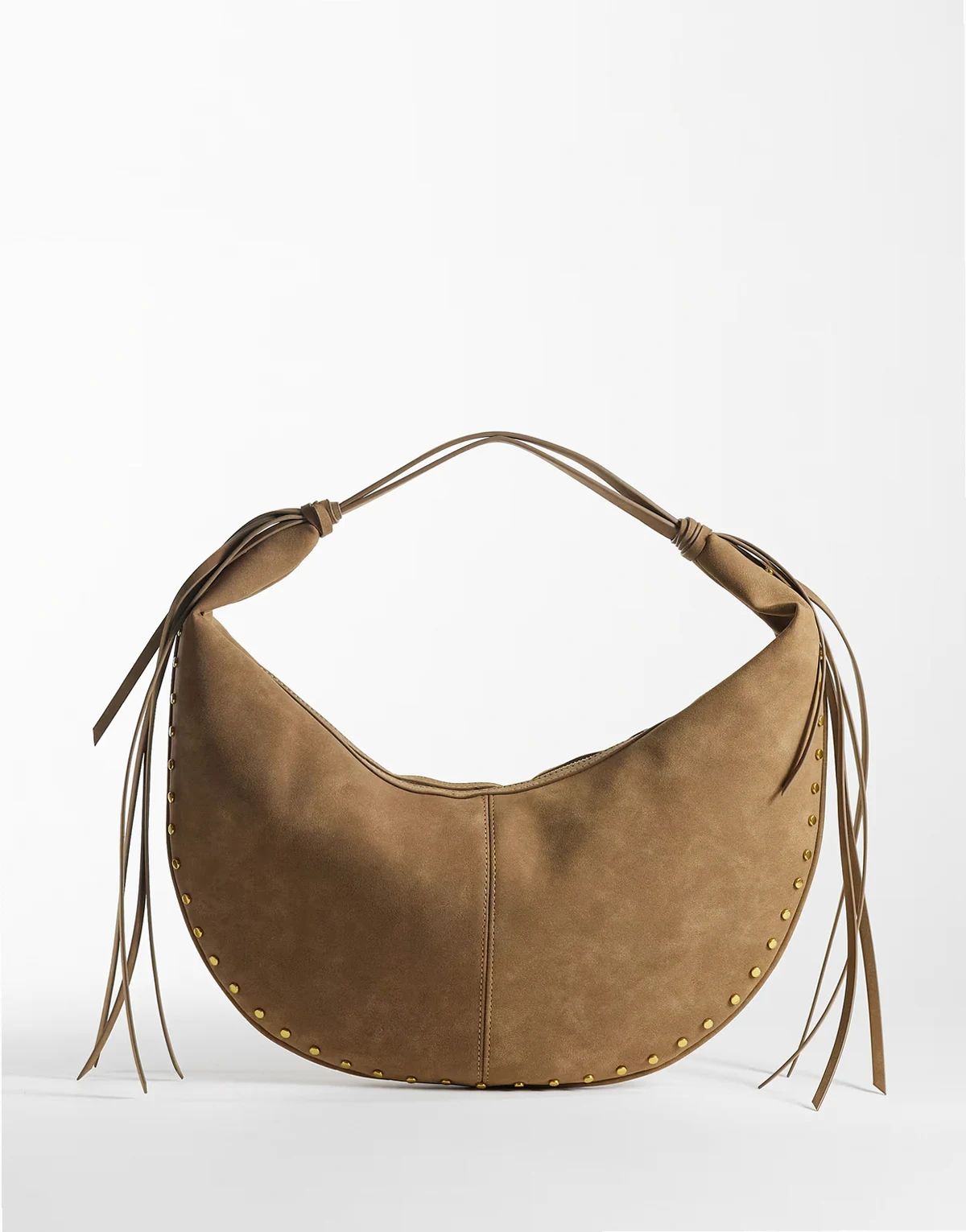 ruched suede tote bag with long straps in chocolate brown