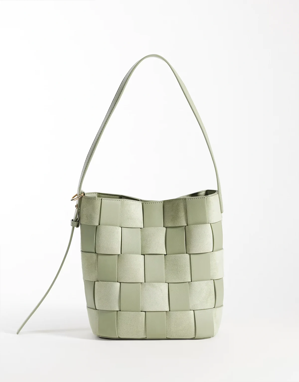 faux suede and faux leather woven bucket tote in sage