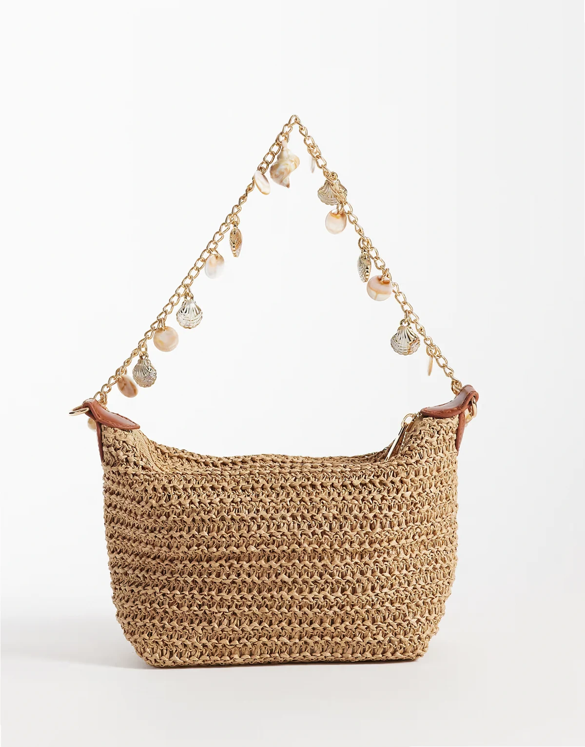 straw crochet shoulder bag with shell charm strap in natural