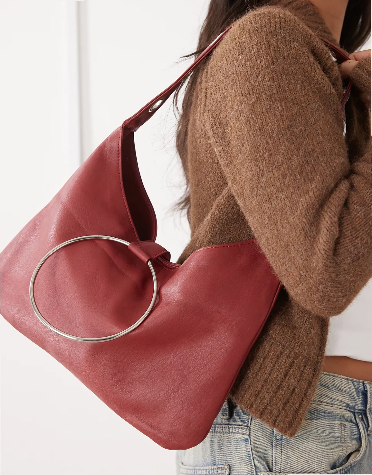 Ali suede shoulder bag with ring detail in deep red
