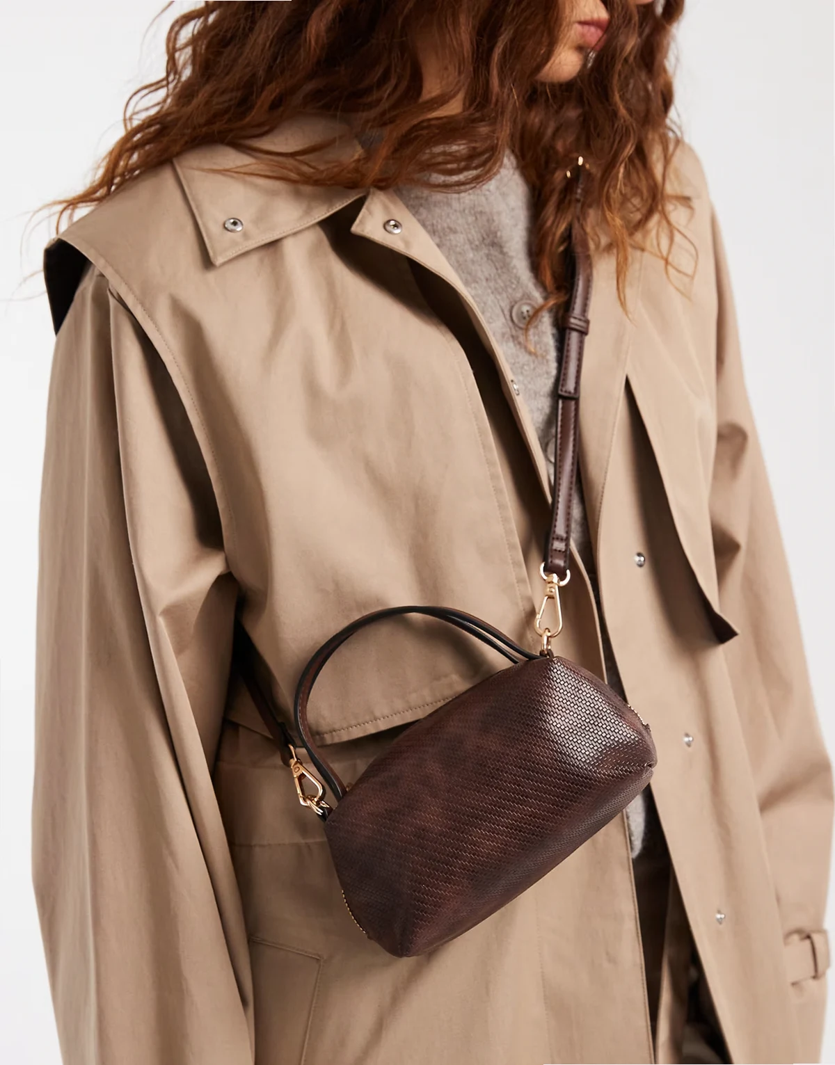 textured mini clutch bag with cross-body strap in chocolate