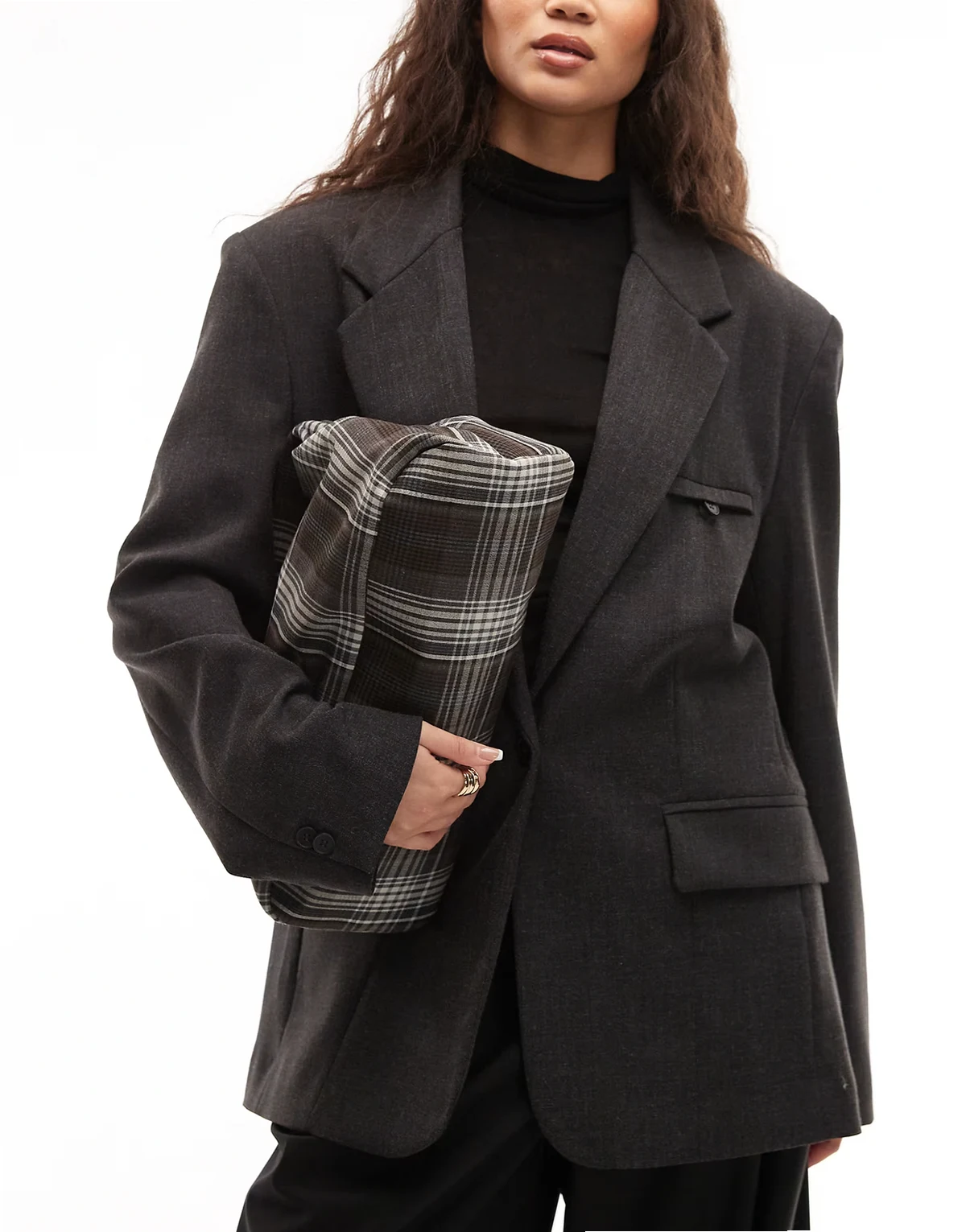 oversized clutch in brown plaid