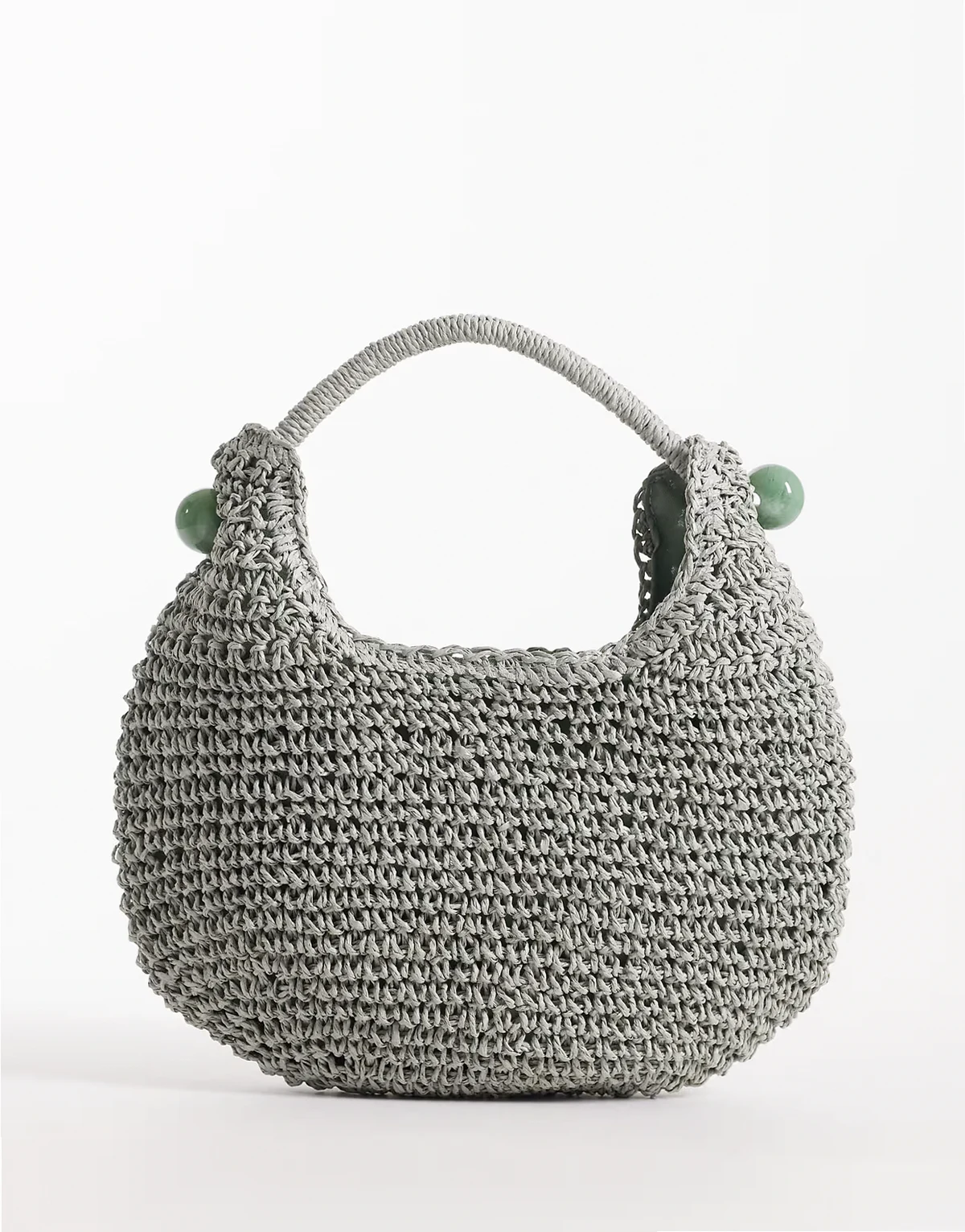 hand-crocheted straw scoop purse with resin ball detail in blue