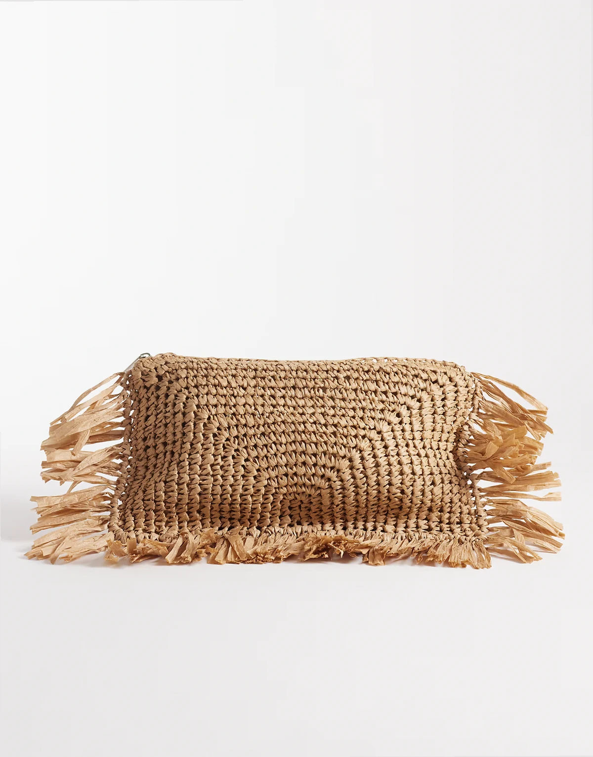 straw fringe trim clutch purse in natural