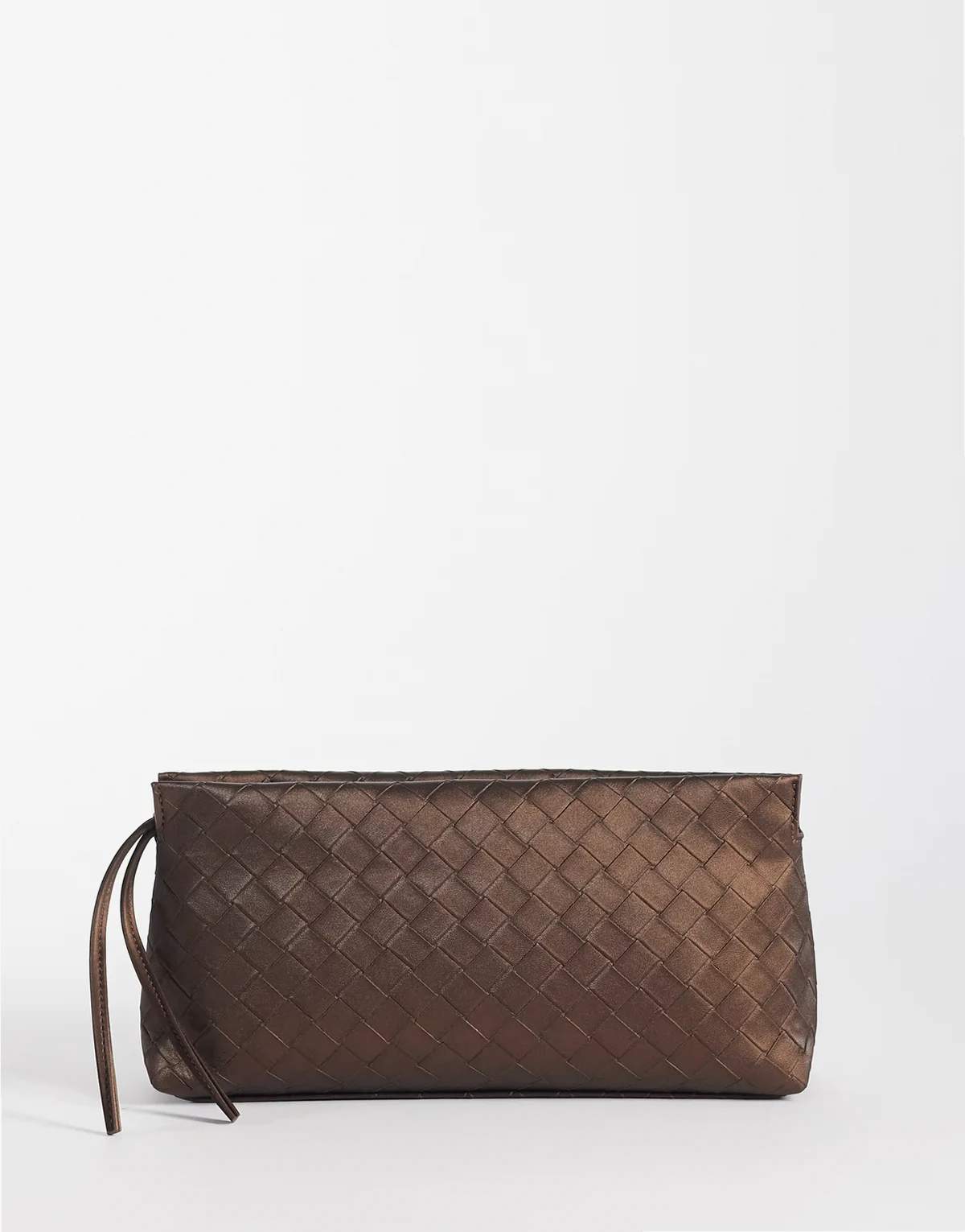woven zip top clutch purse in metallic bronze