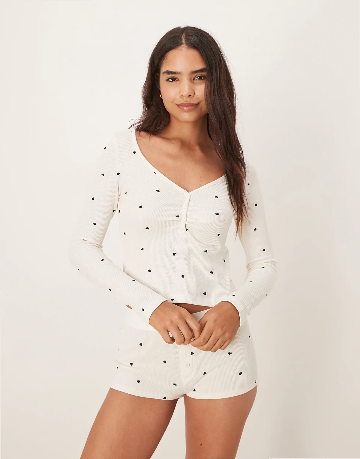 mix and match loungewear long sleeve pajama Henley top in white with black hearts