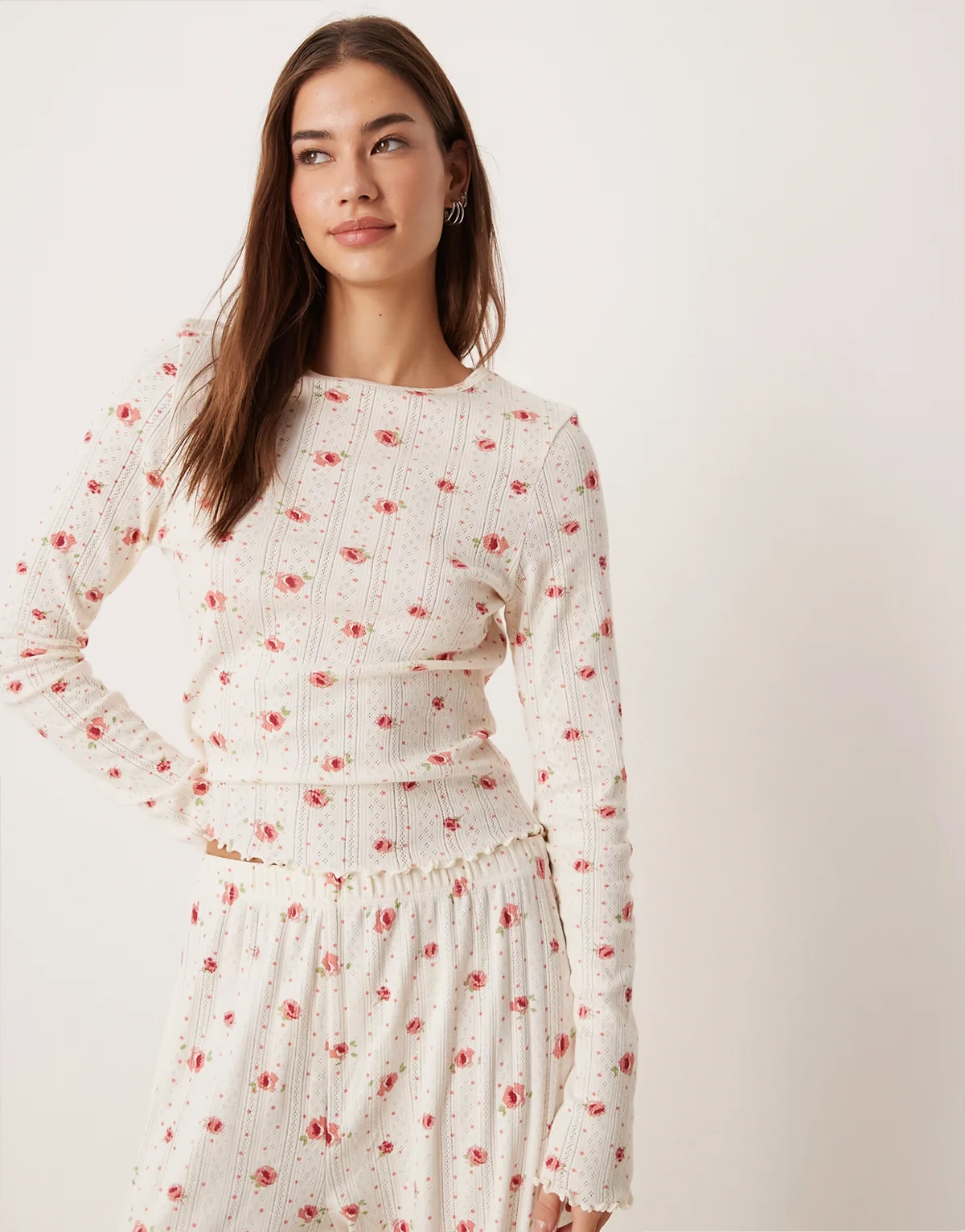 mix & match long sleeve pajama top in pointelle floral print