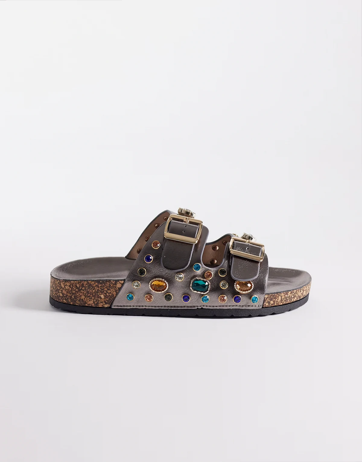 – Bayleaves – Flache Sandalen in Zinngrau mit Verzierung