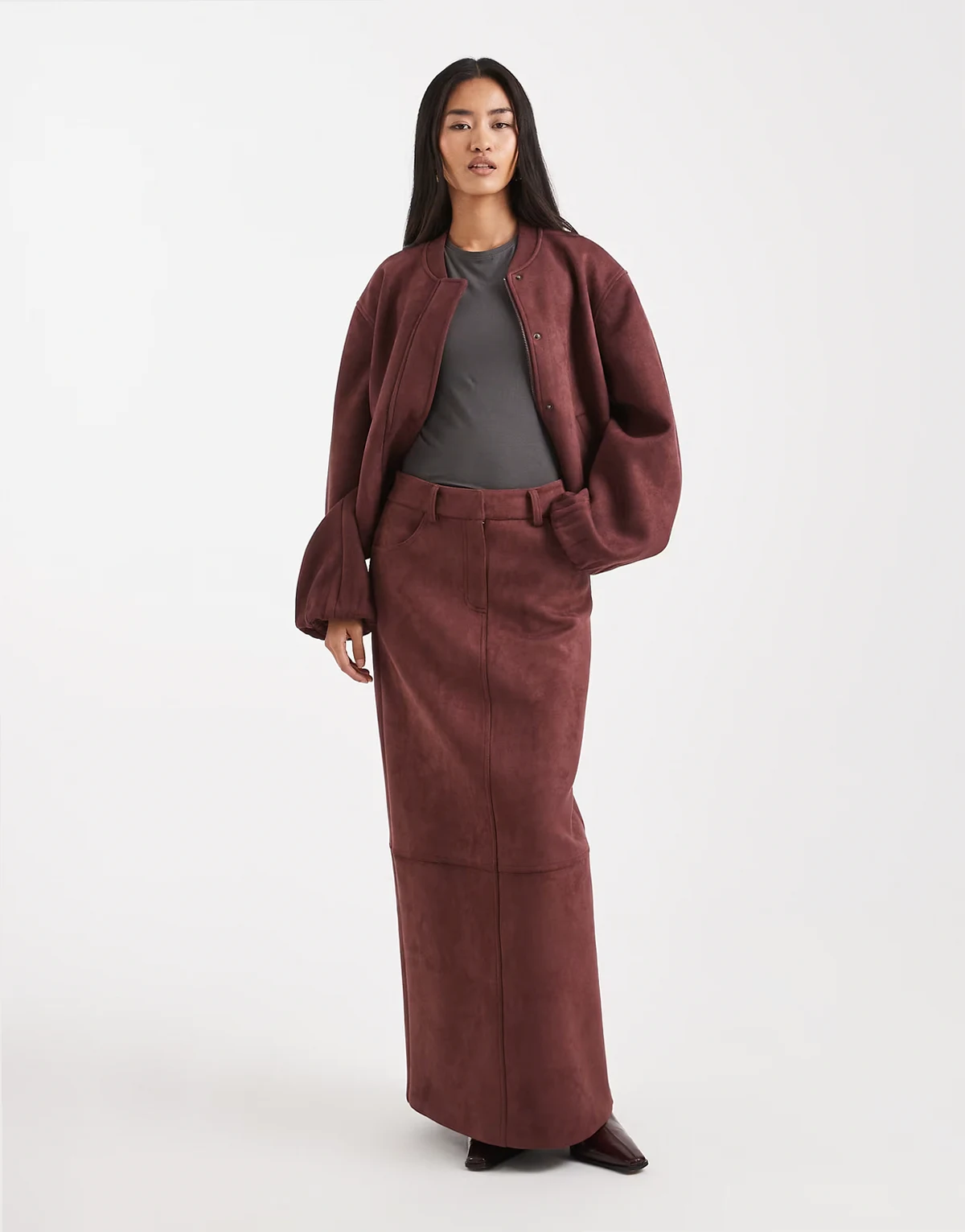 super soft faux suede maxi skirt in burgundy - part of a set