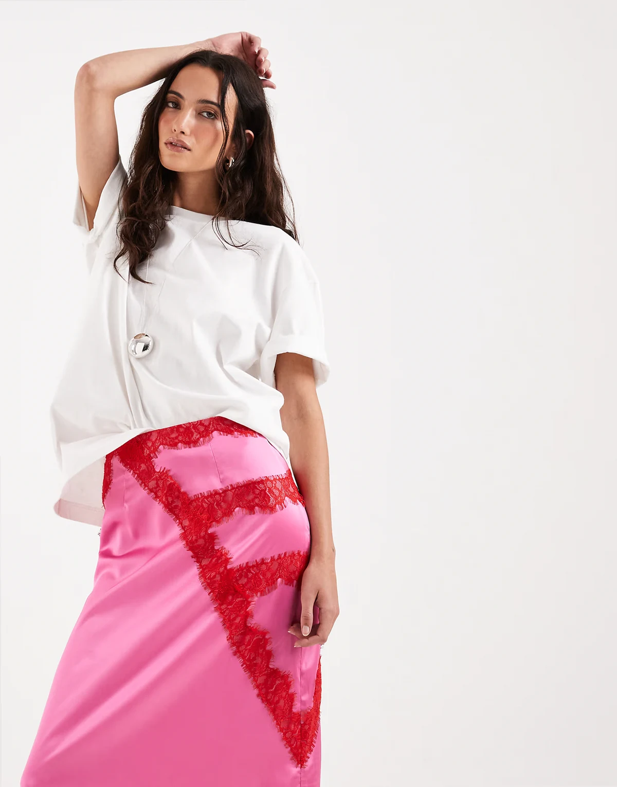 lace trim satin maxi skirt in pink and red - part of a set