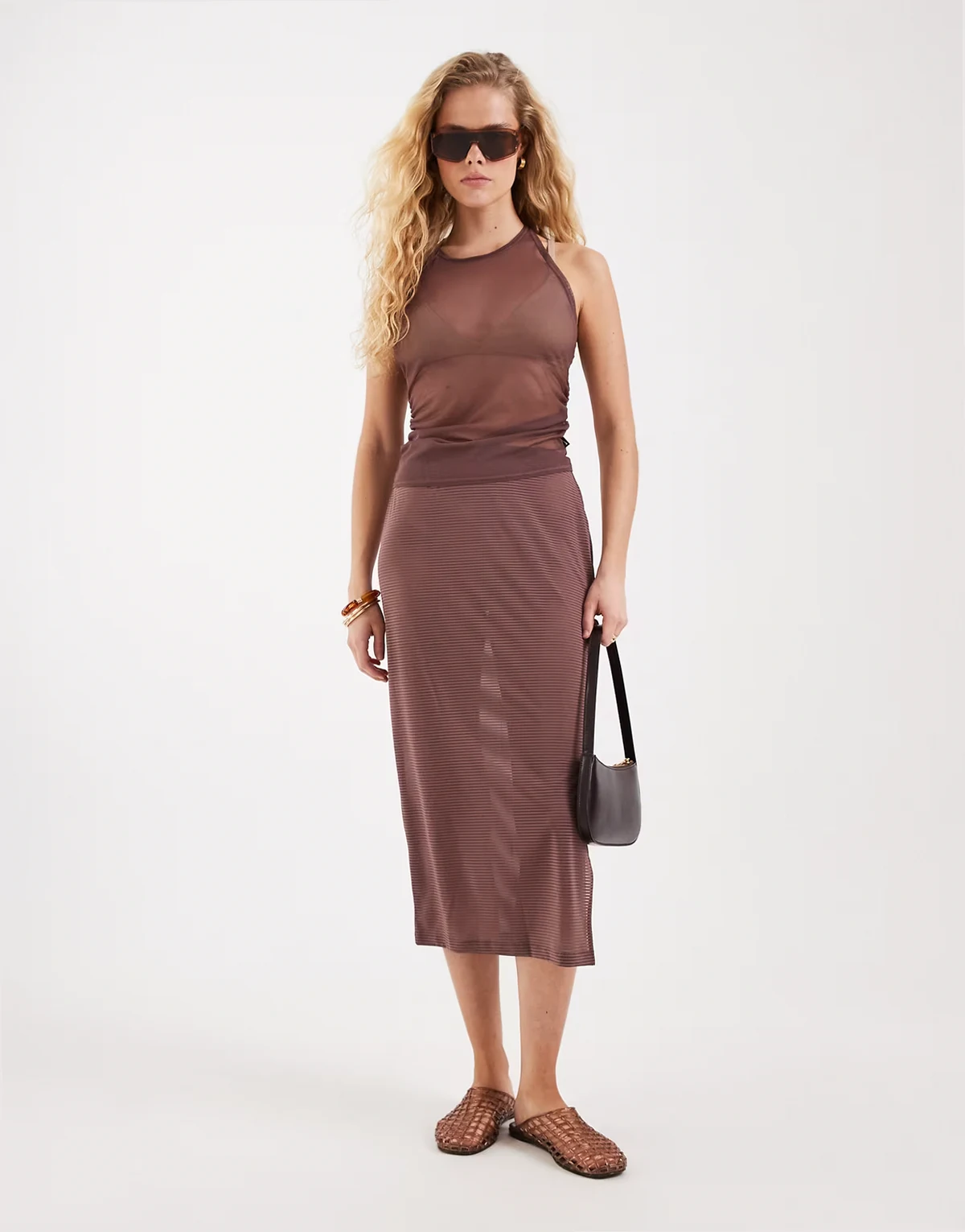 sheer mid length skirt in brown