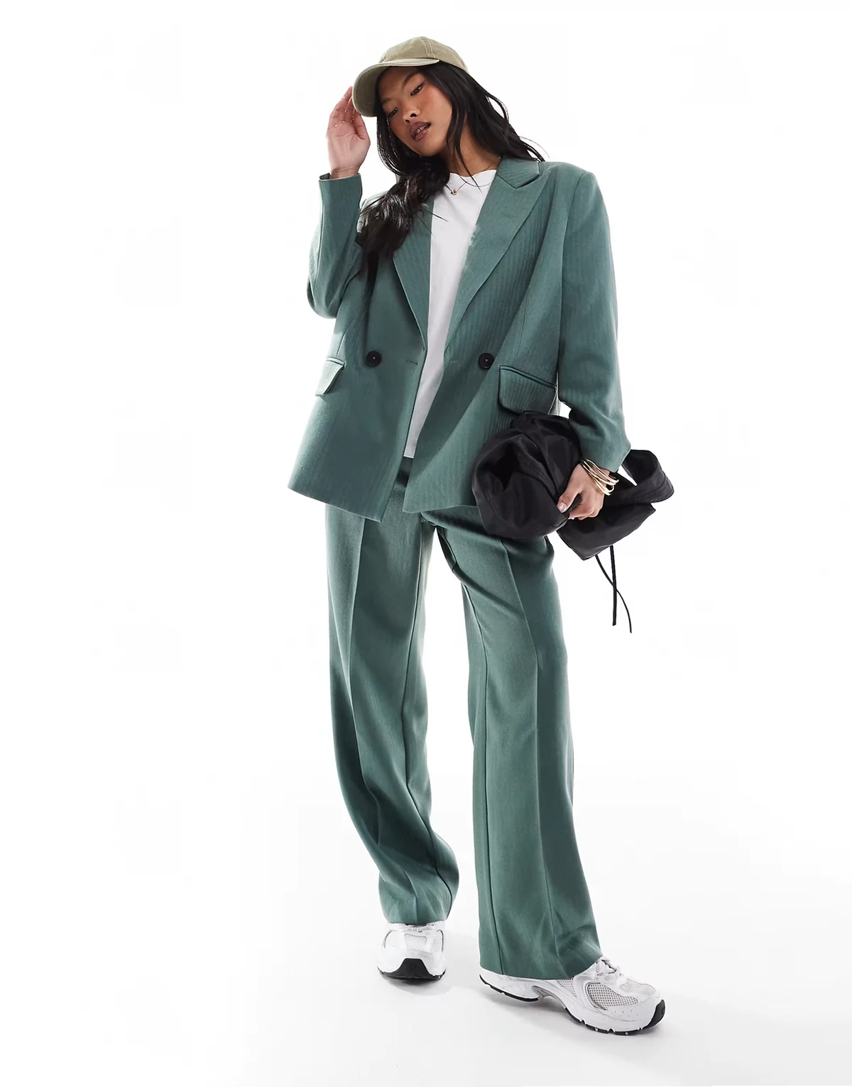 tailored herringbone blazer in dark forest green - part of a set