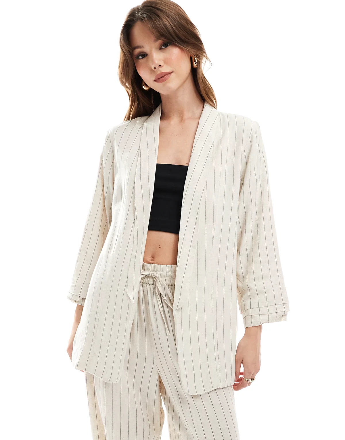 mix & match linen mix ruched sleeve blazer in birch cream and black stripe