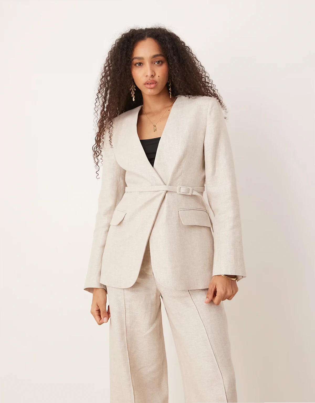 linen v-neck blazer with cinch waist belt detail in oatmeal - part of a set