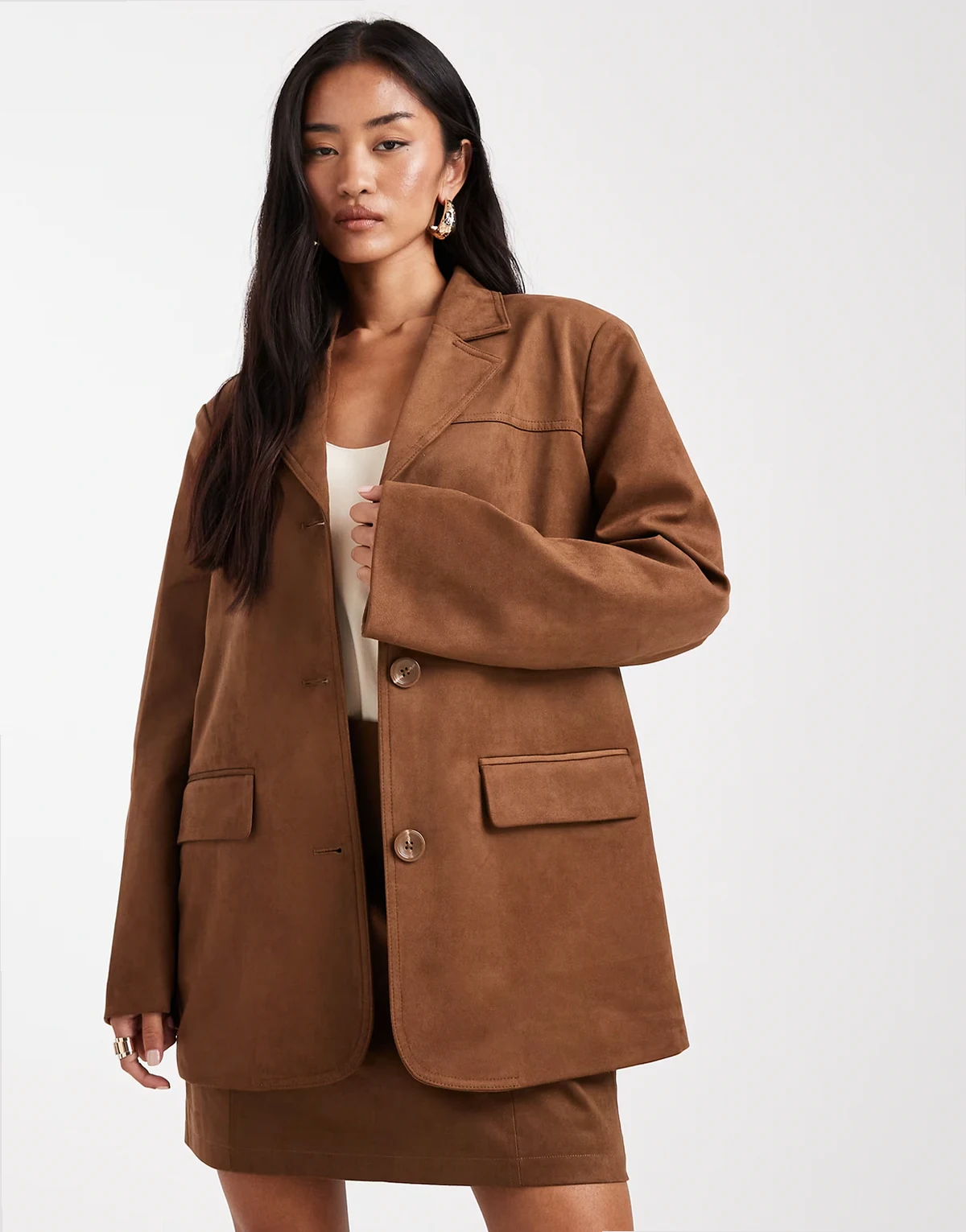 premium faux suede blazer in camel - part of a set