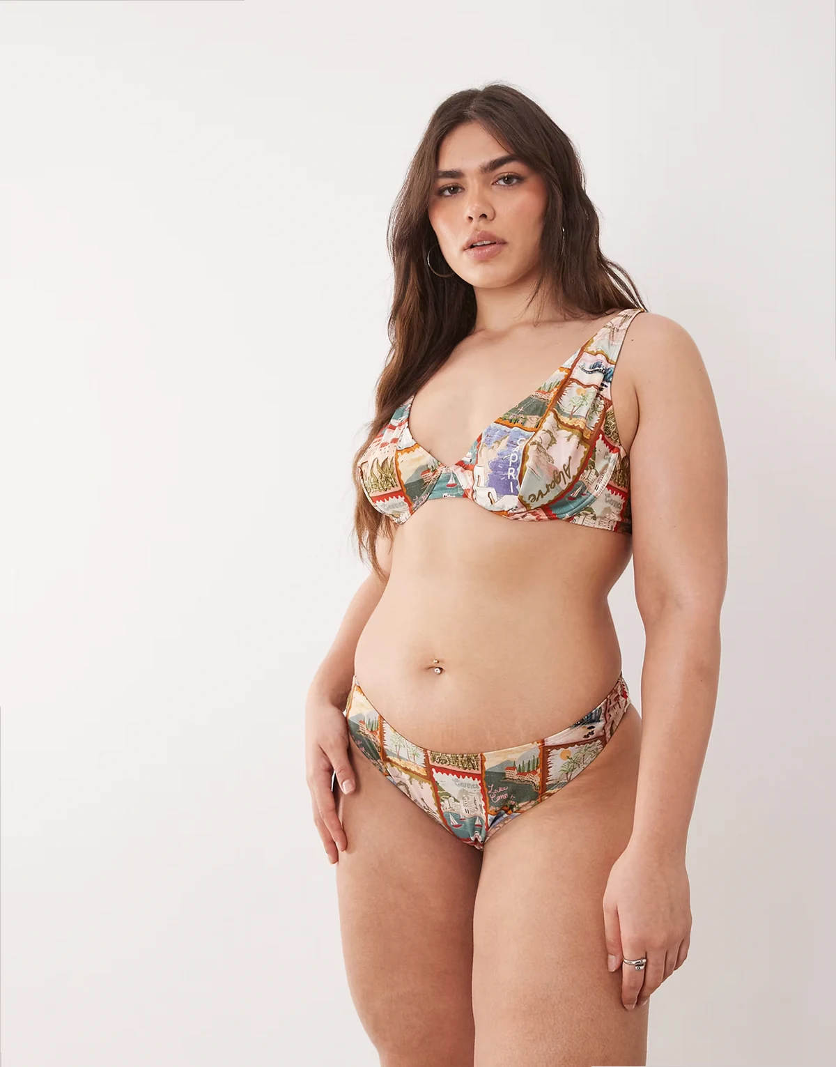 ASOS DESIGN Curve Posey Ibiza high leg cheeky bikini bottoms in postcard print